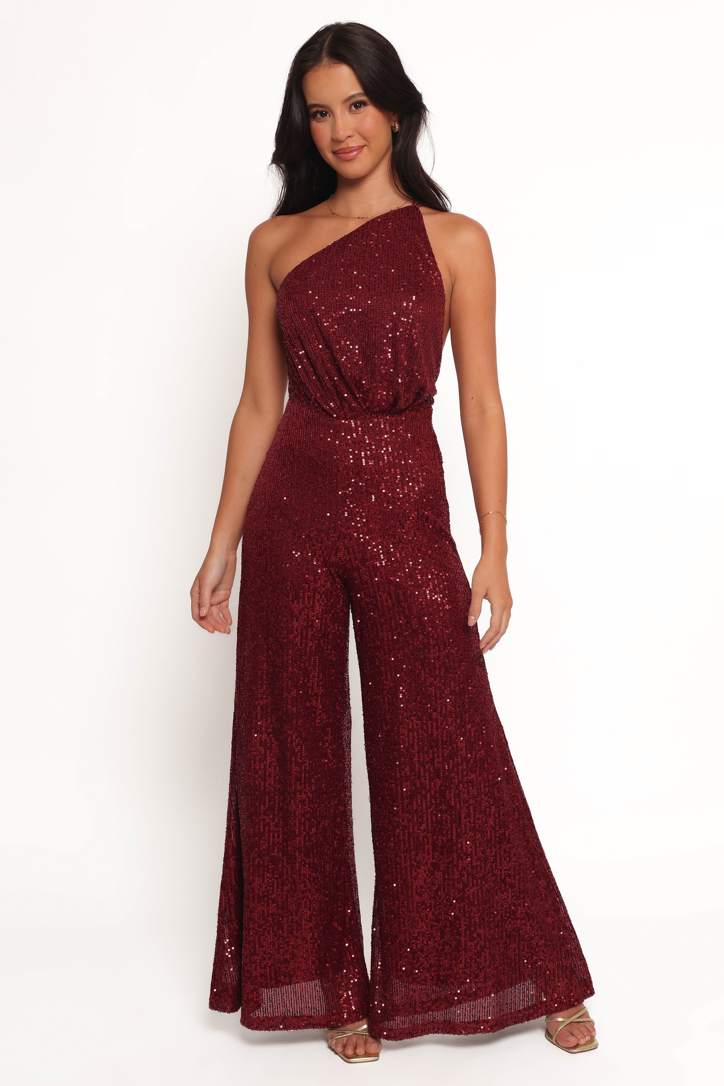 Khianna Sequin One Shoulder Jumpsuit - Red