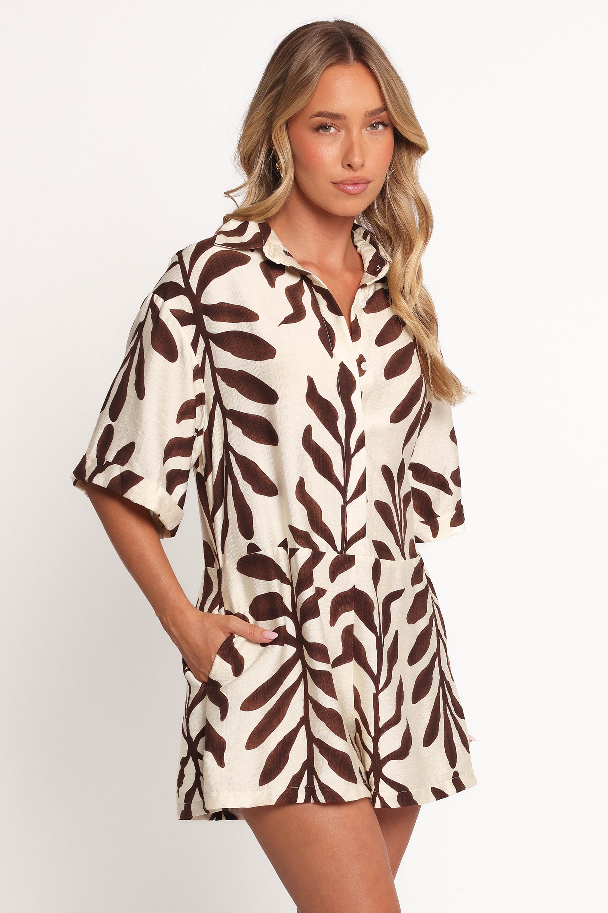 Kiya Drop Waist Playsuit - Brown Palm