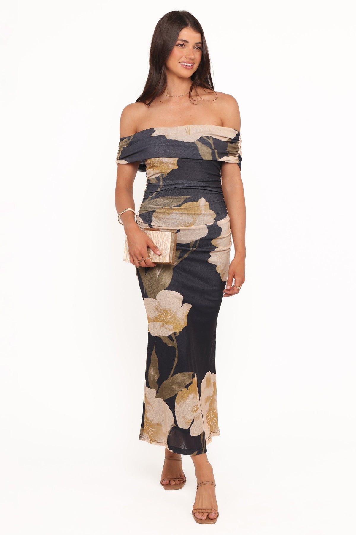 Koda Off Shoulder Midi Dress - Black Floral