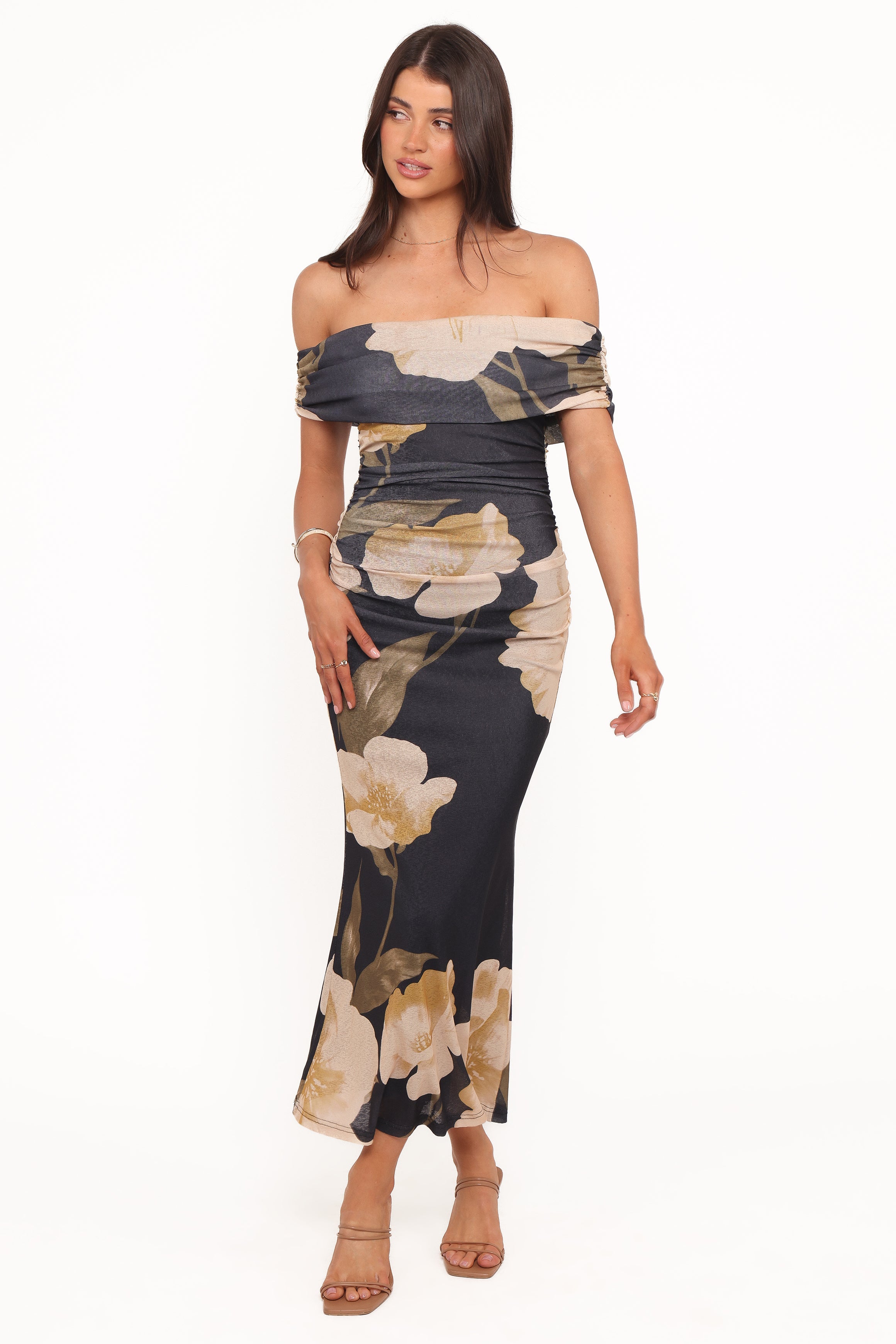 Koda Off Shoulder Midi Dress - Black Floral