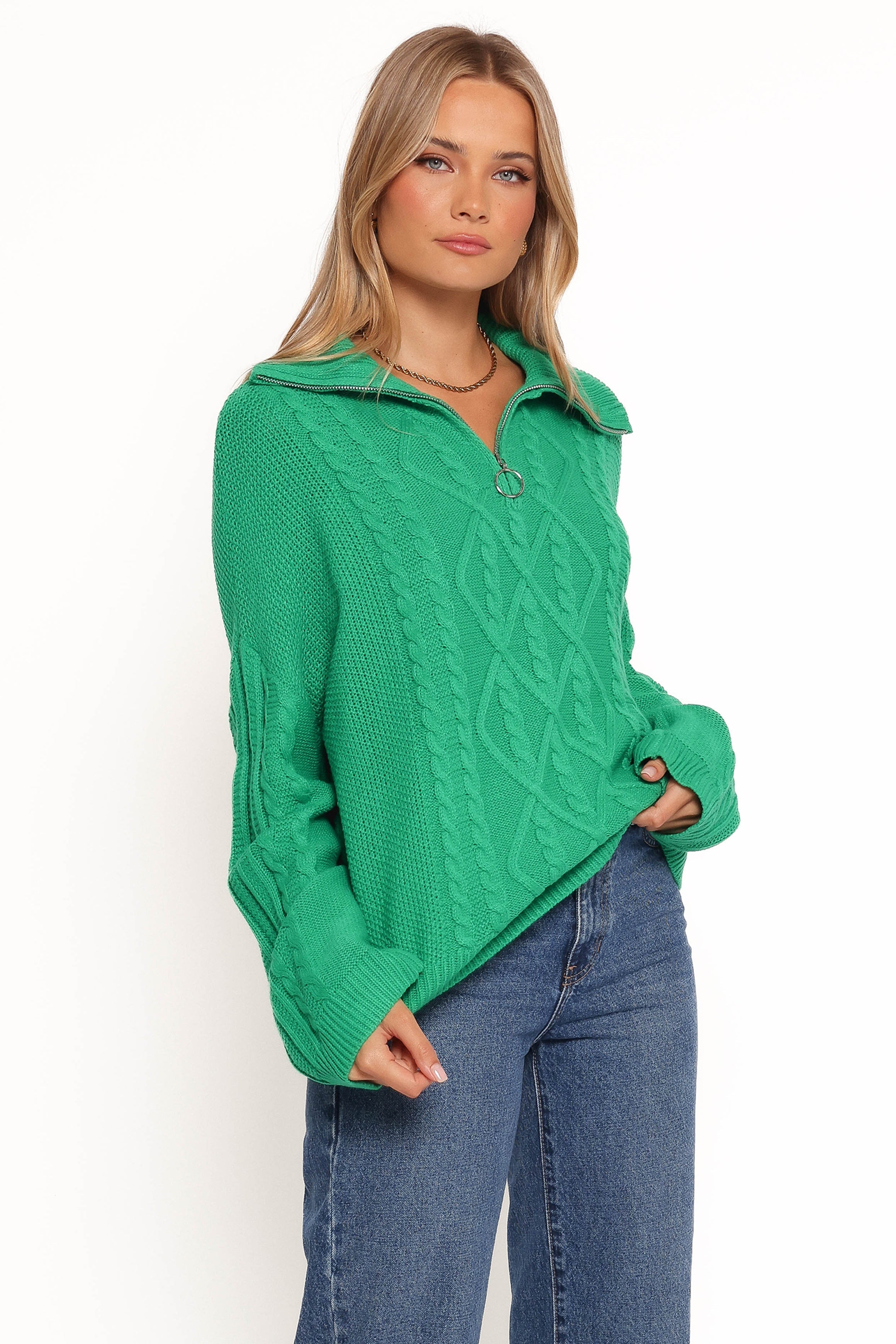 Leon Quarter Zip Cable Knit Sweater - Green