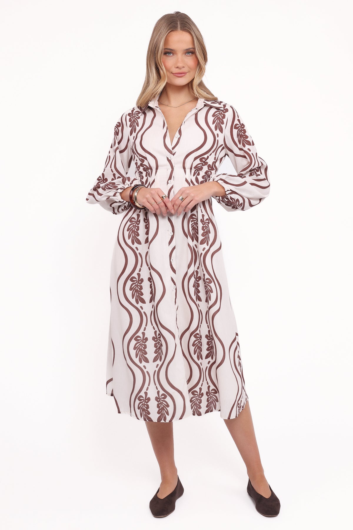 Lira Long Sleeve Midi Dress - Brown Print