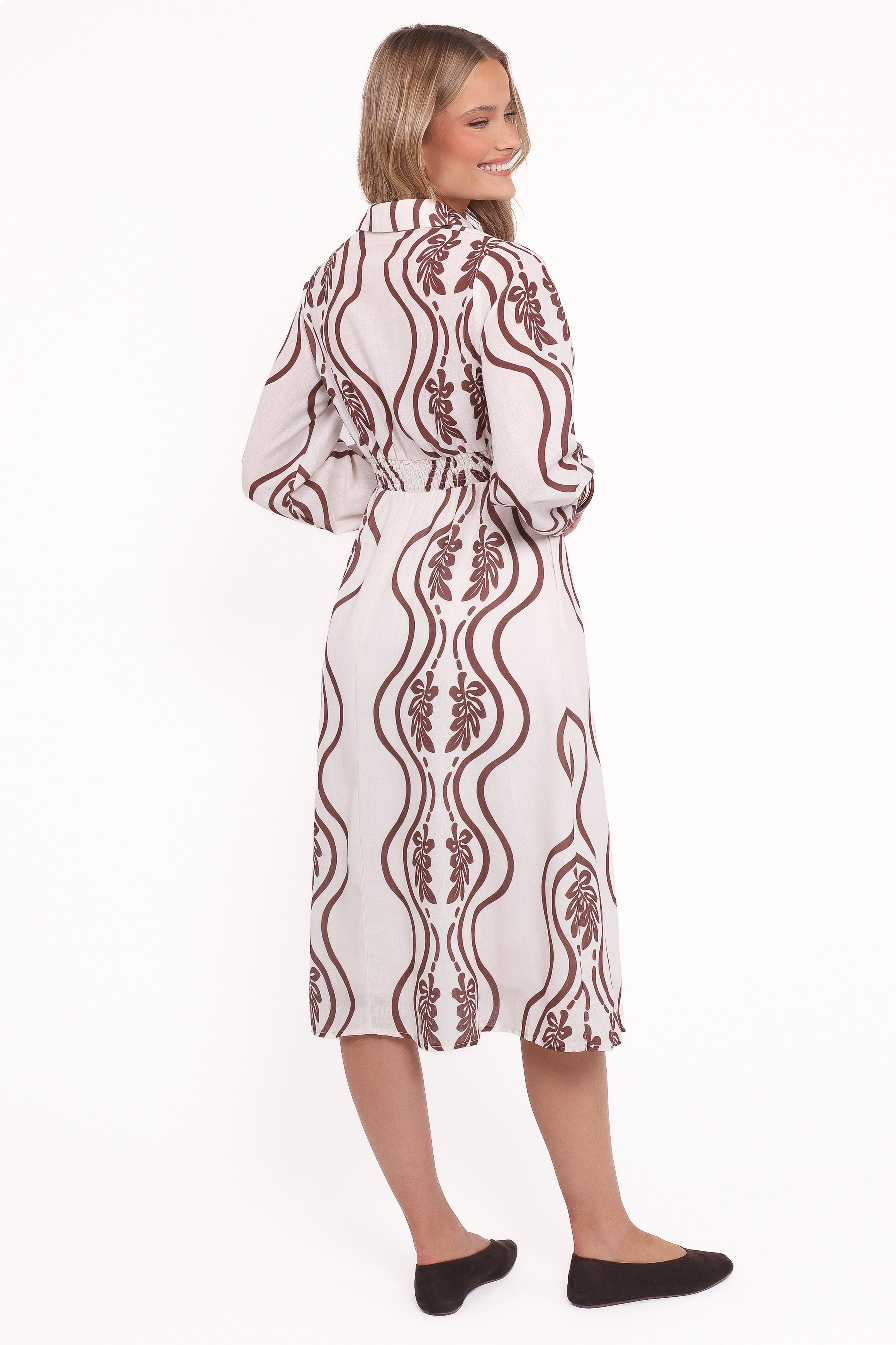 Lira Long Sleeve Midi Dress - Brown Print