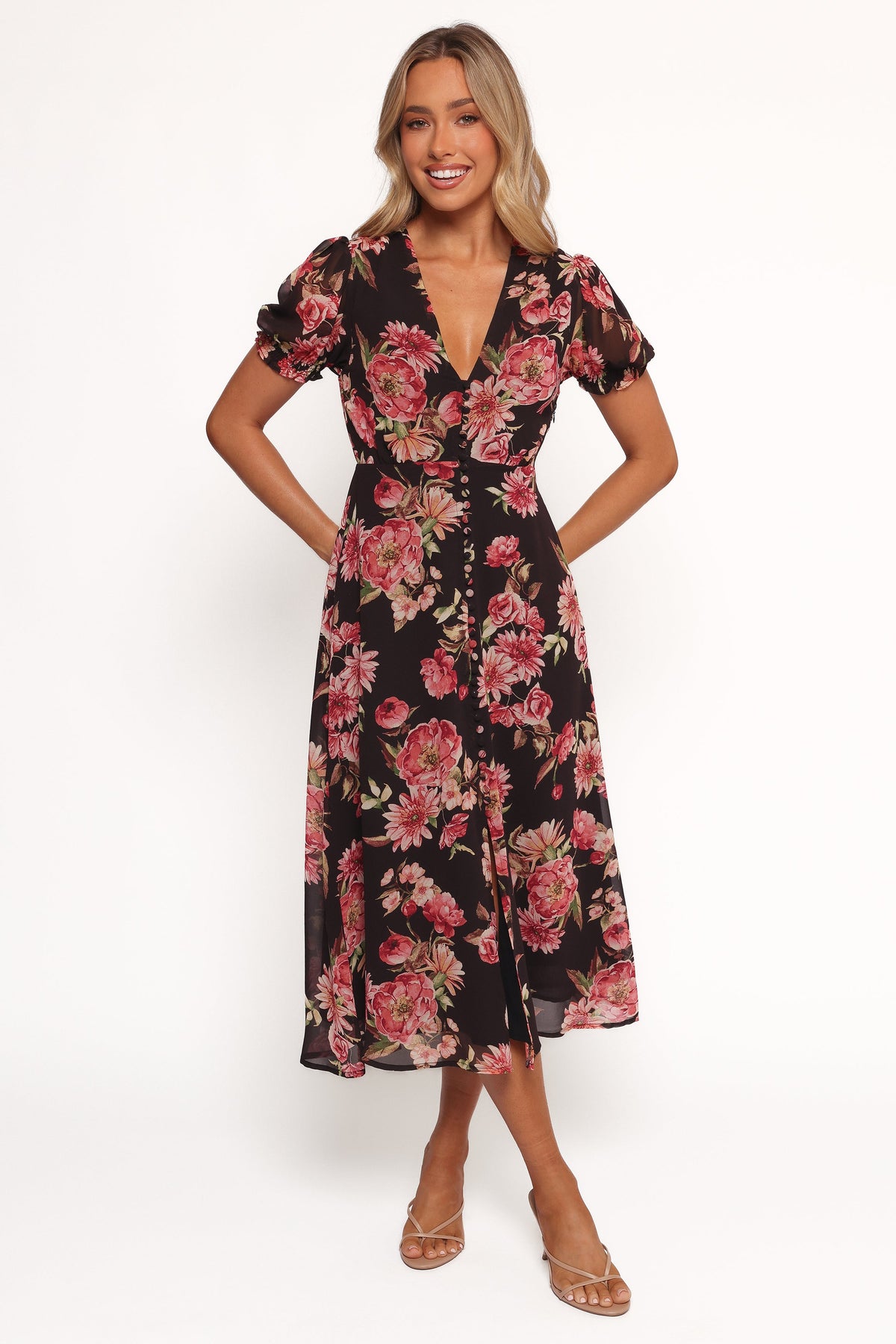 Logen Floral Midi Dress - Black Floral