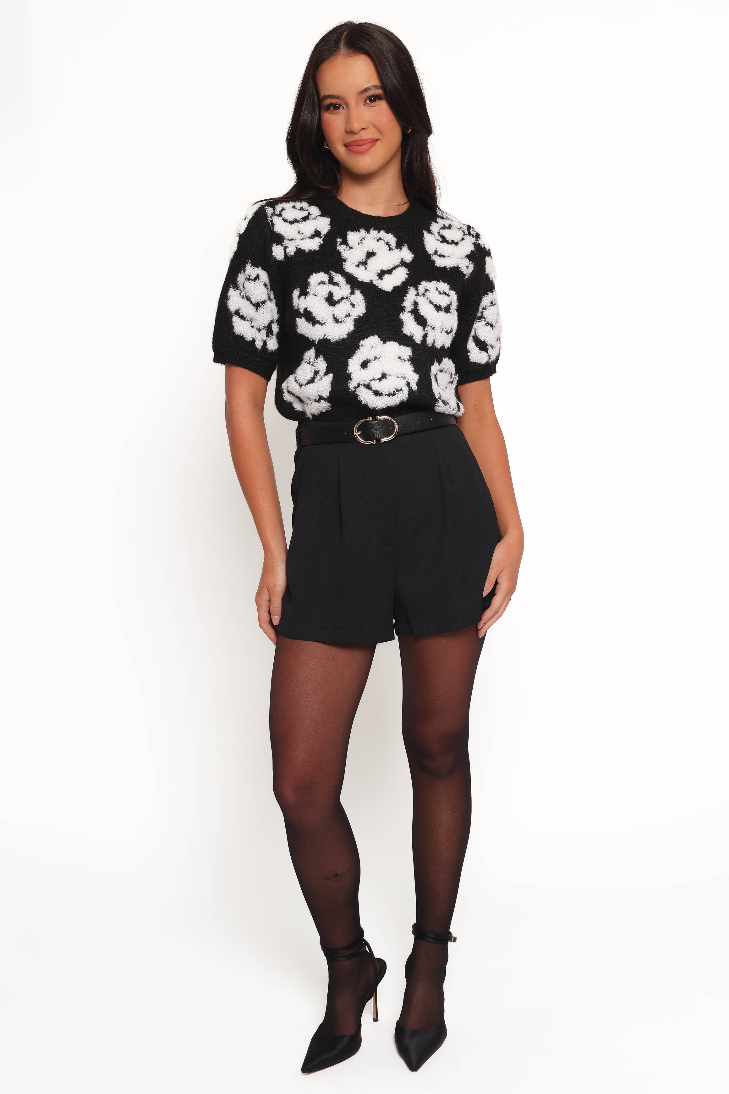 Lumara Texture Flower Short Sleeve Sweater - Black