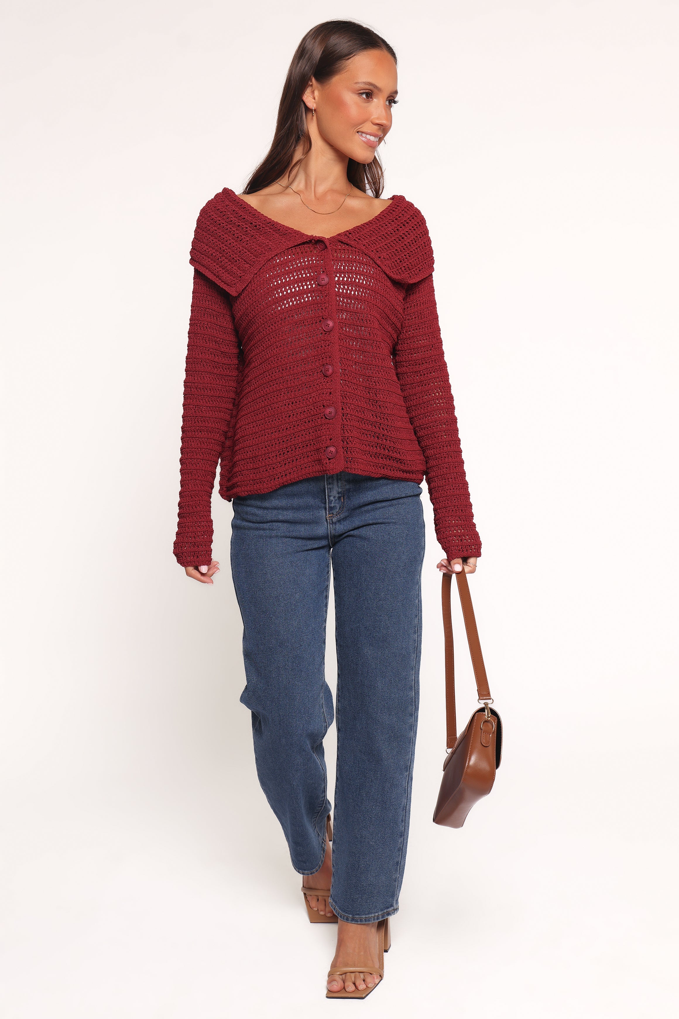 Lyra Large Collar Cardigan - Burgundy