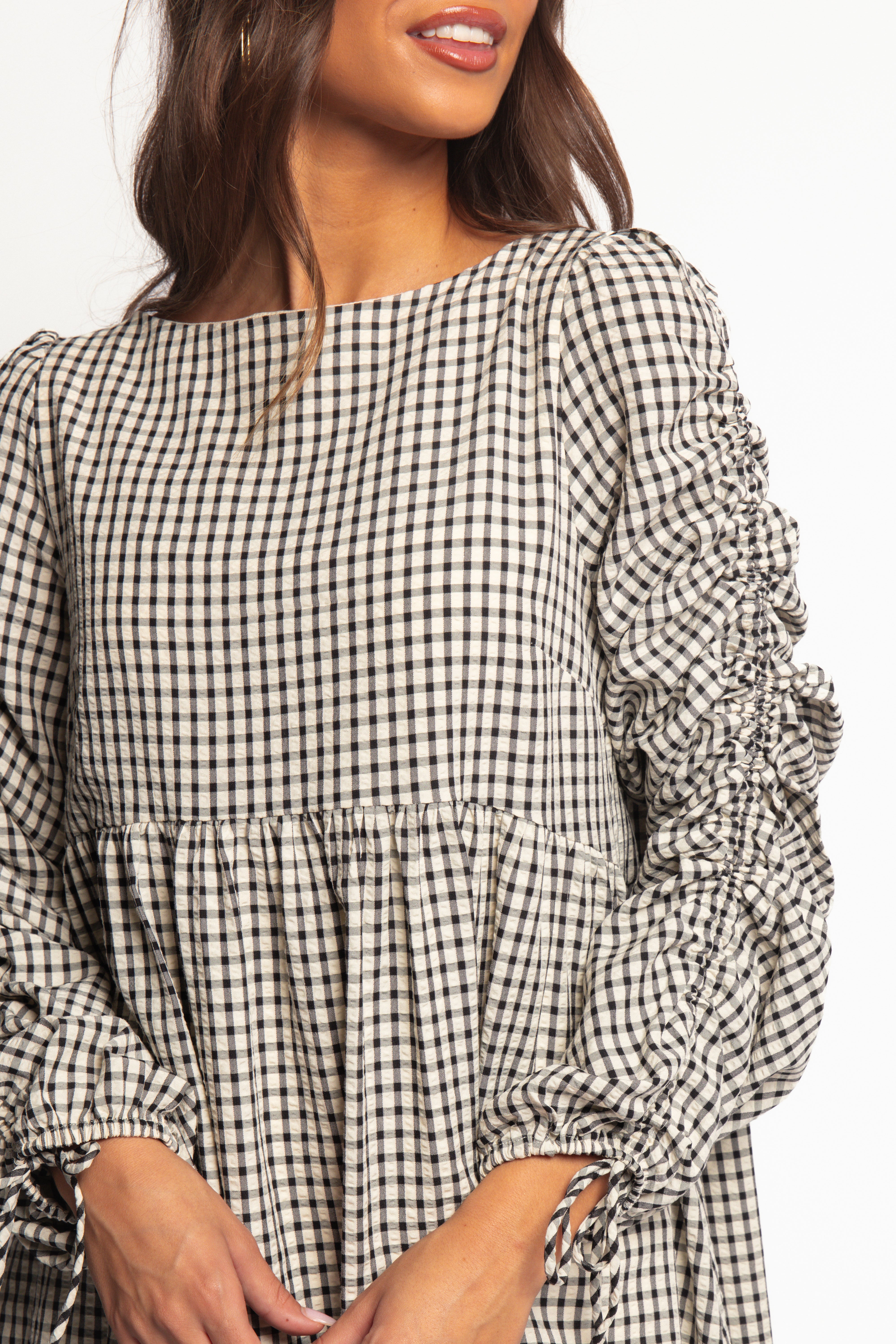 Micaela Long Sleeve Mini Dress - Black Gingham