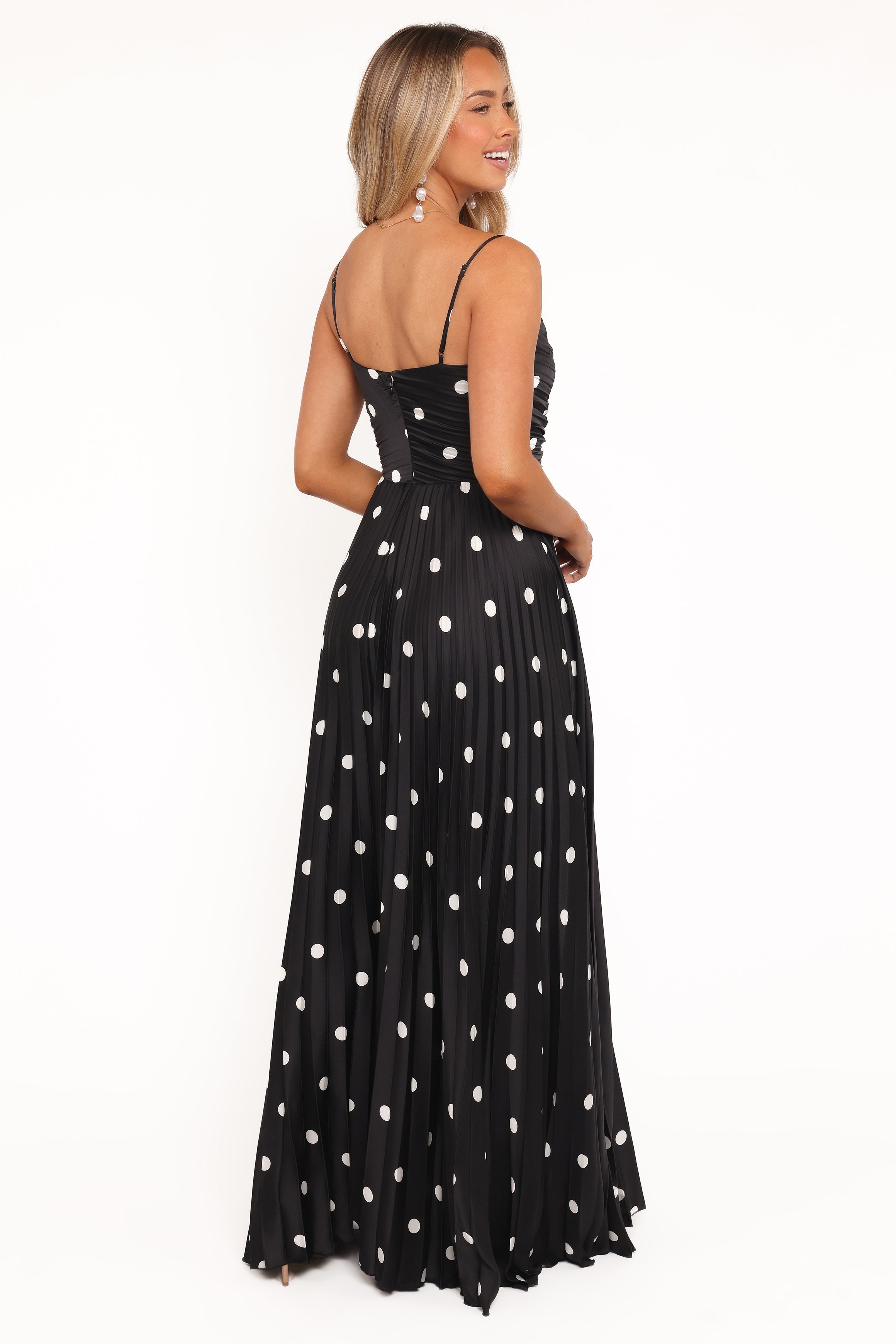 Naira Pleated Maxi Dress - Black Polka Dot
