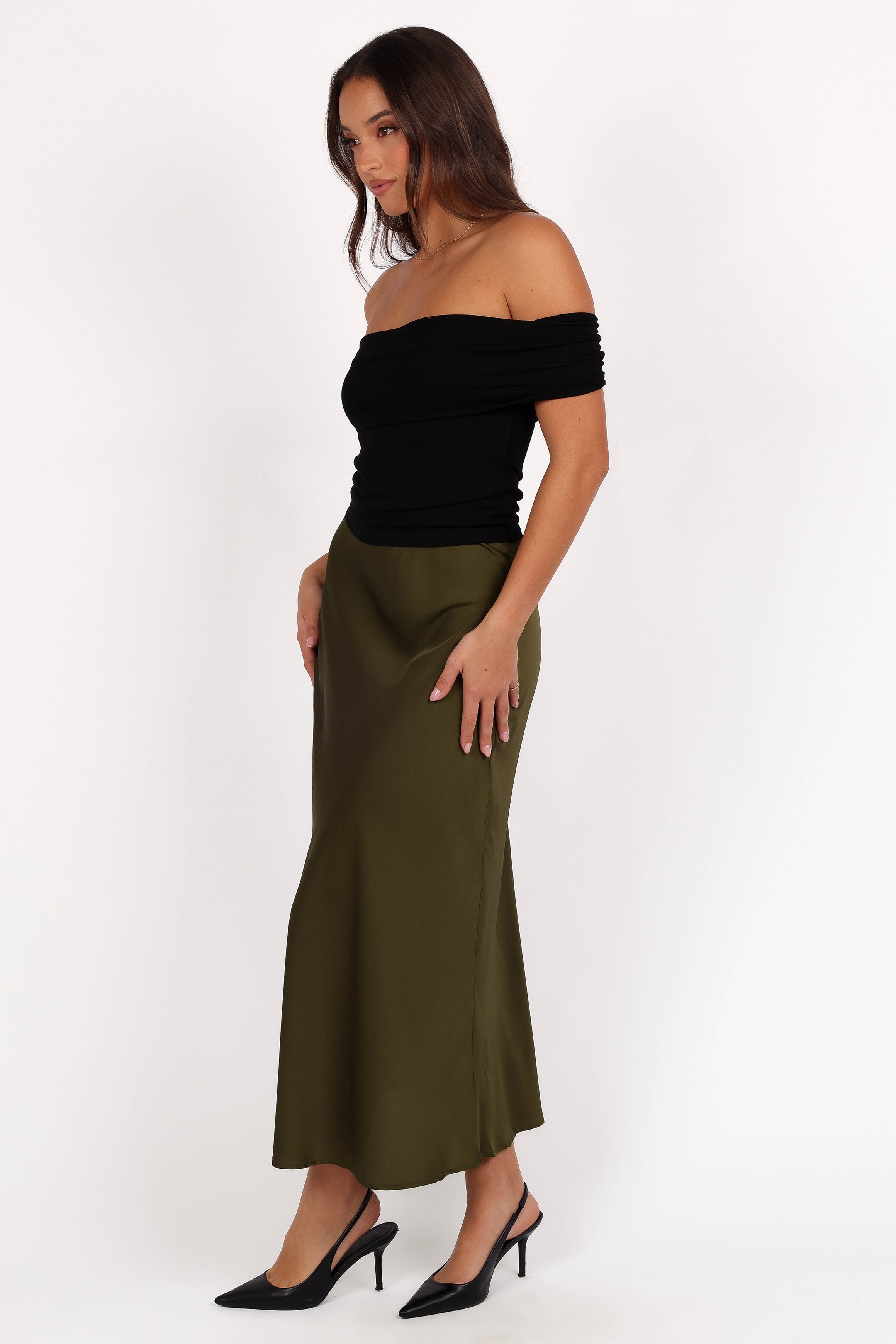 Nellie Satin Midi Skirt - Olive