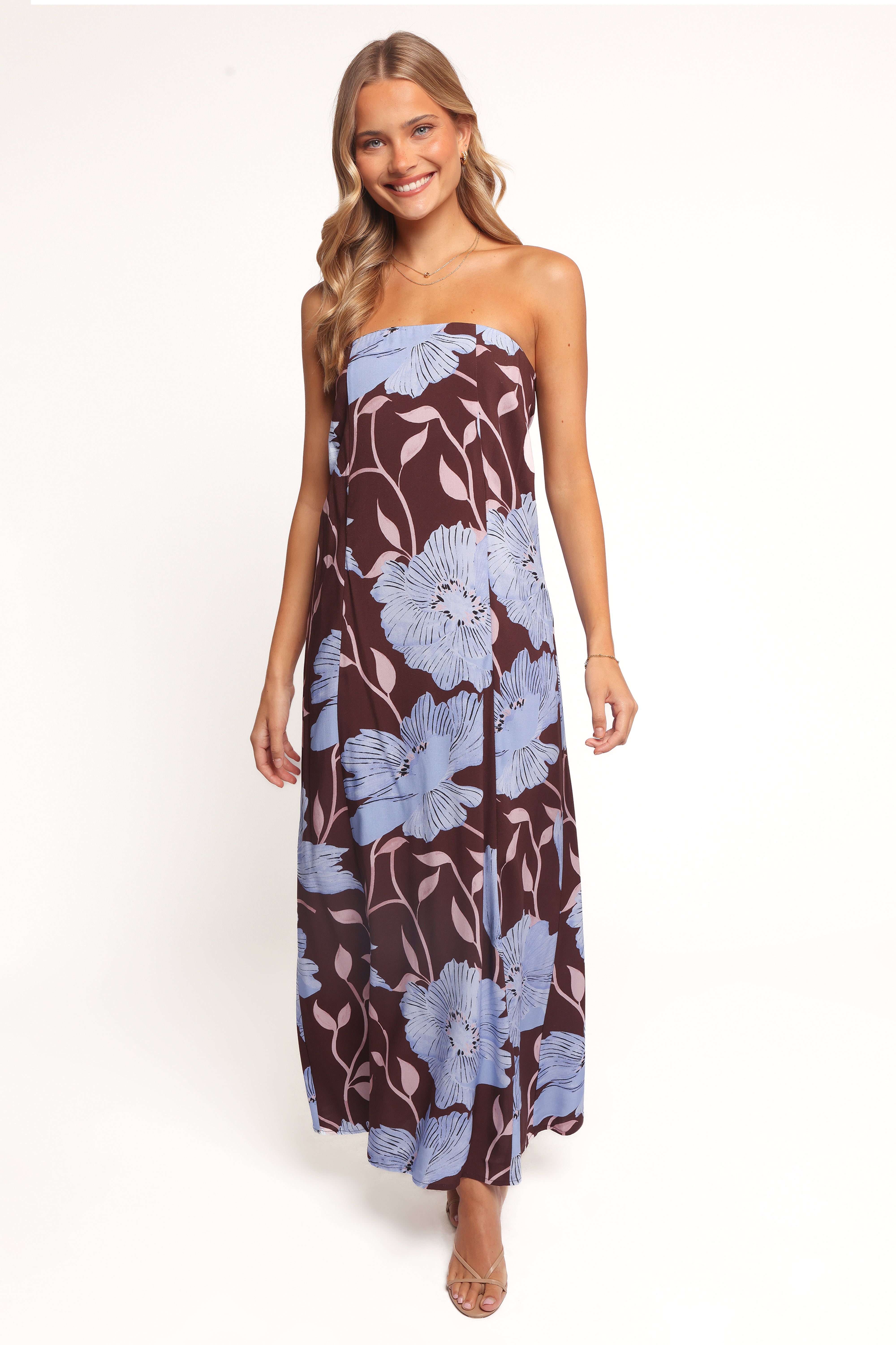 Ottavia Strapless Maxi Dress - Blue Poppies