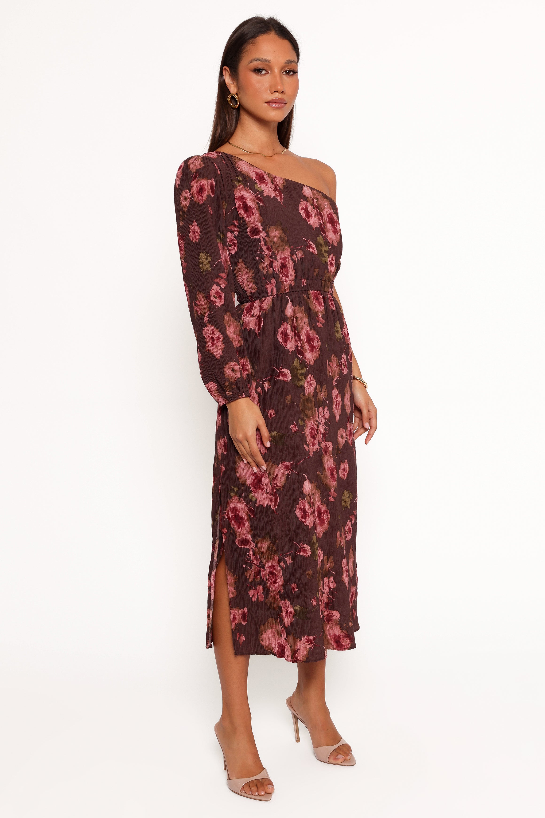 Pontee One Shoulder Pleated Midi Dress - Chocolate Brown