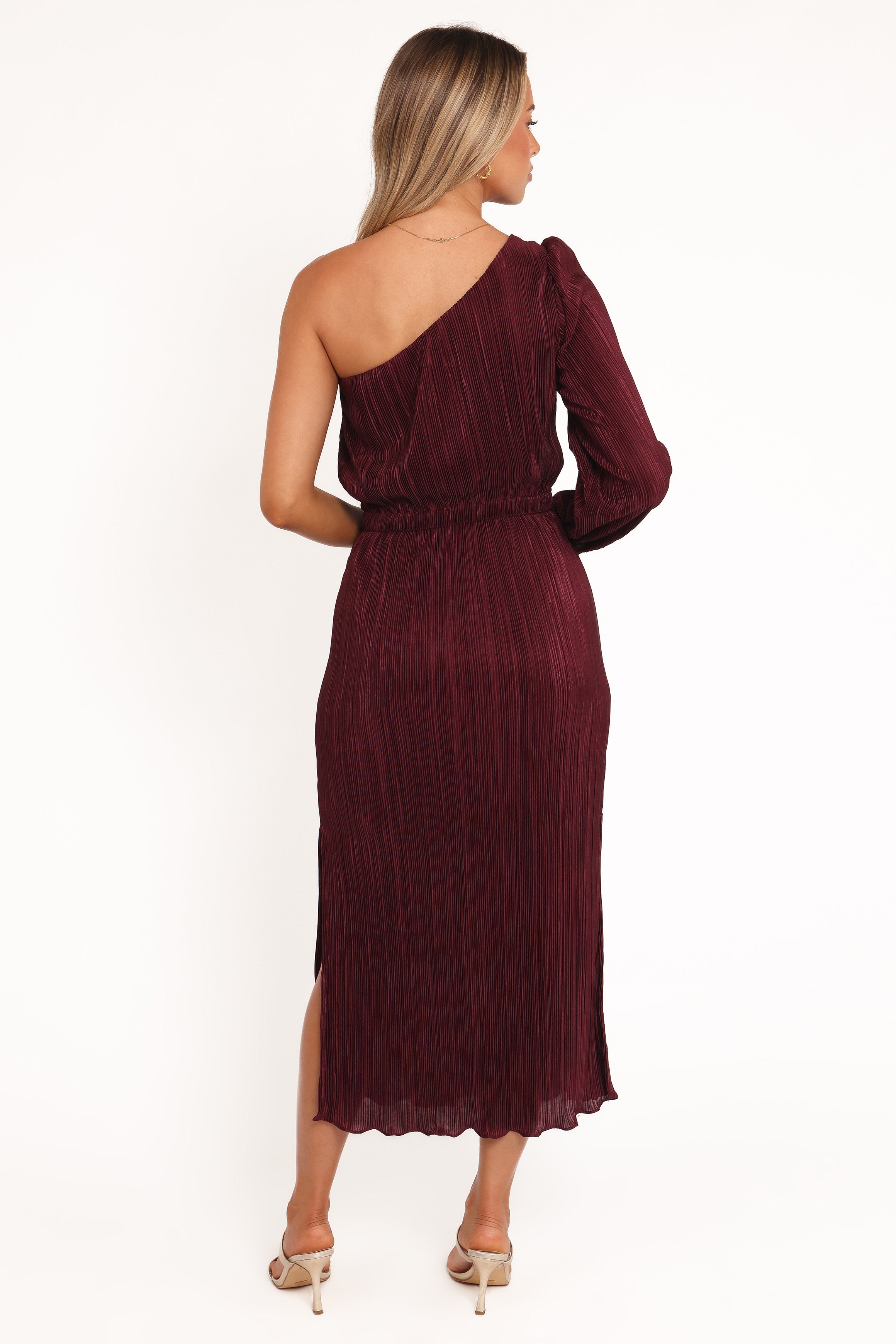 Pontee One Shoulder Pleated Midi Dress - Burgundy