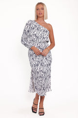 Pontee One Shoulder Pleated Midi Dress - Navy Floral