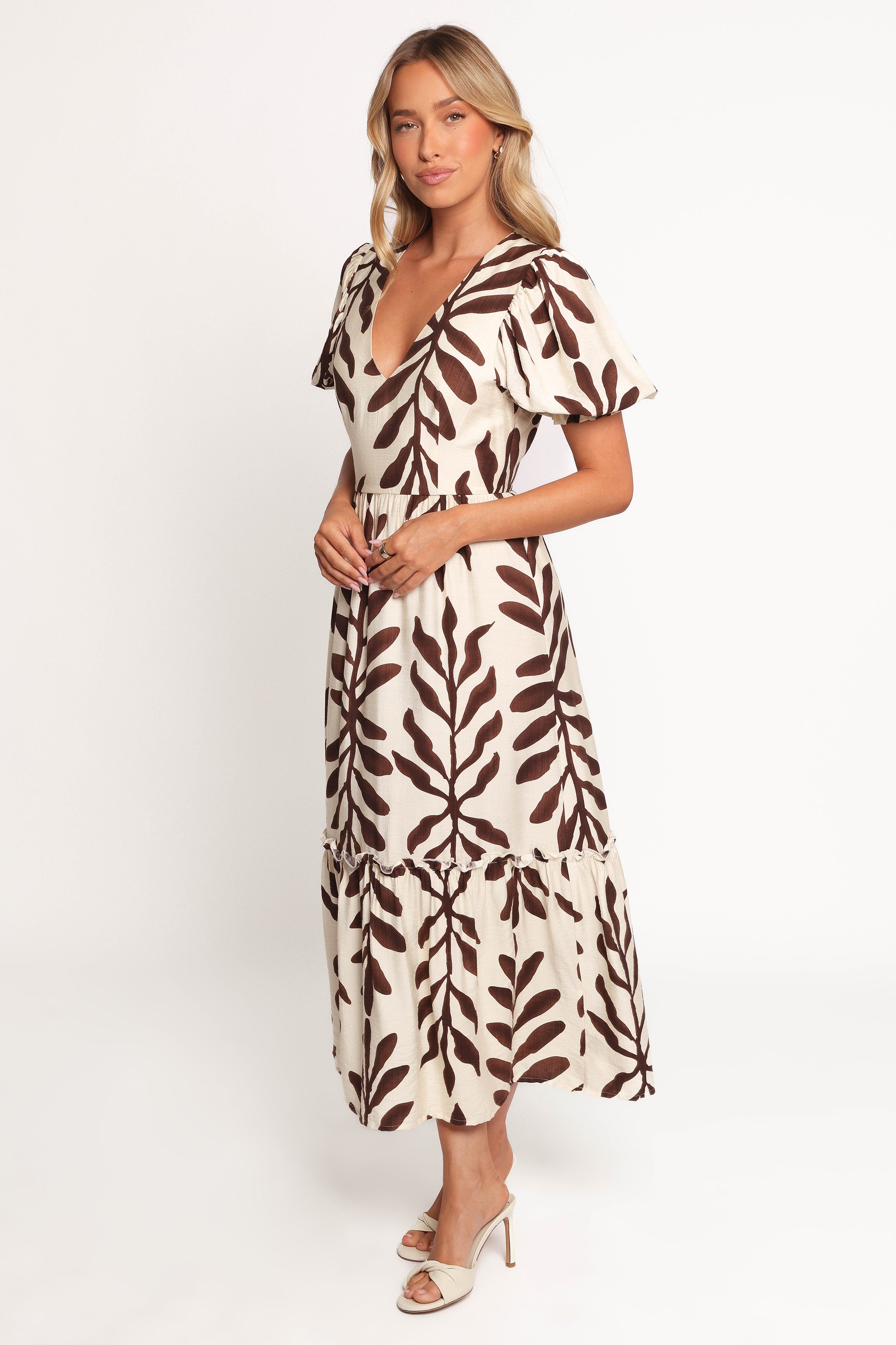 Steele Puff Sleeve Midi Dress - Brown Palm