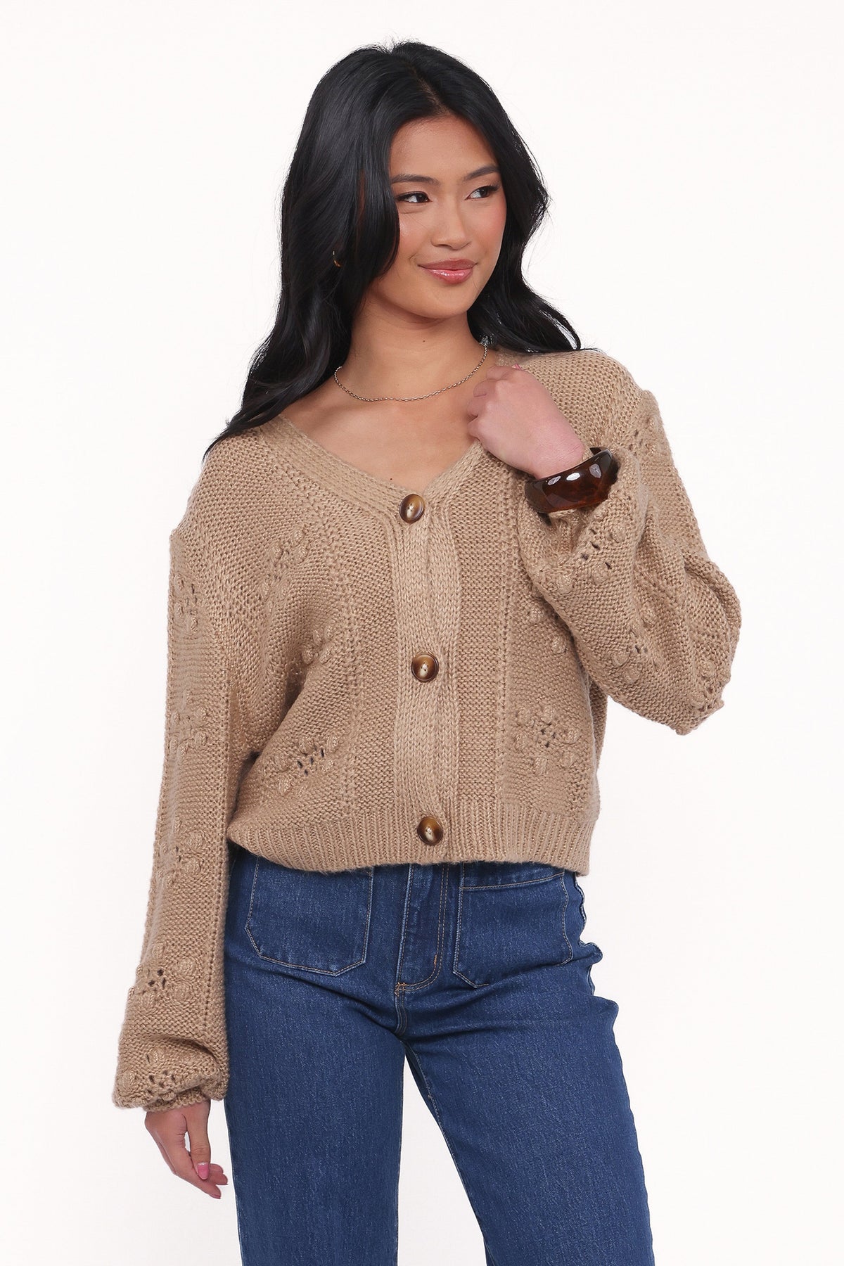 Melody Textured Button Up Cardigan - Mushroom