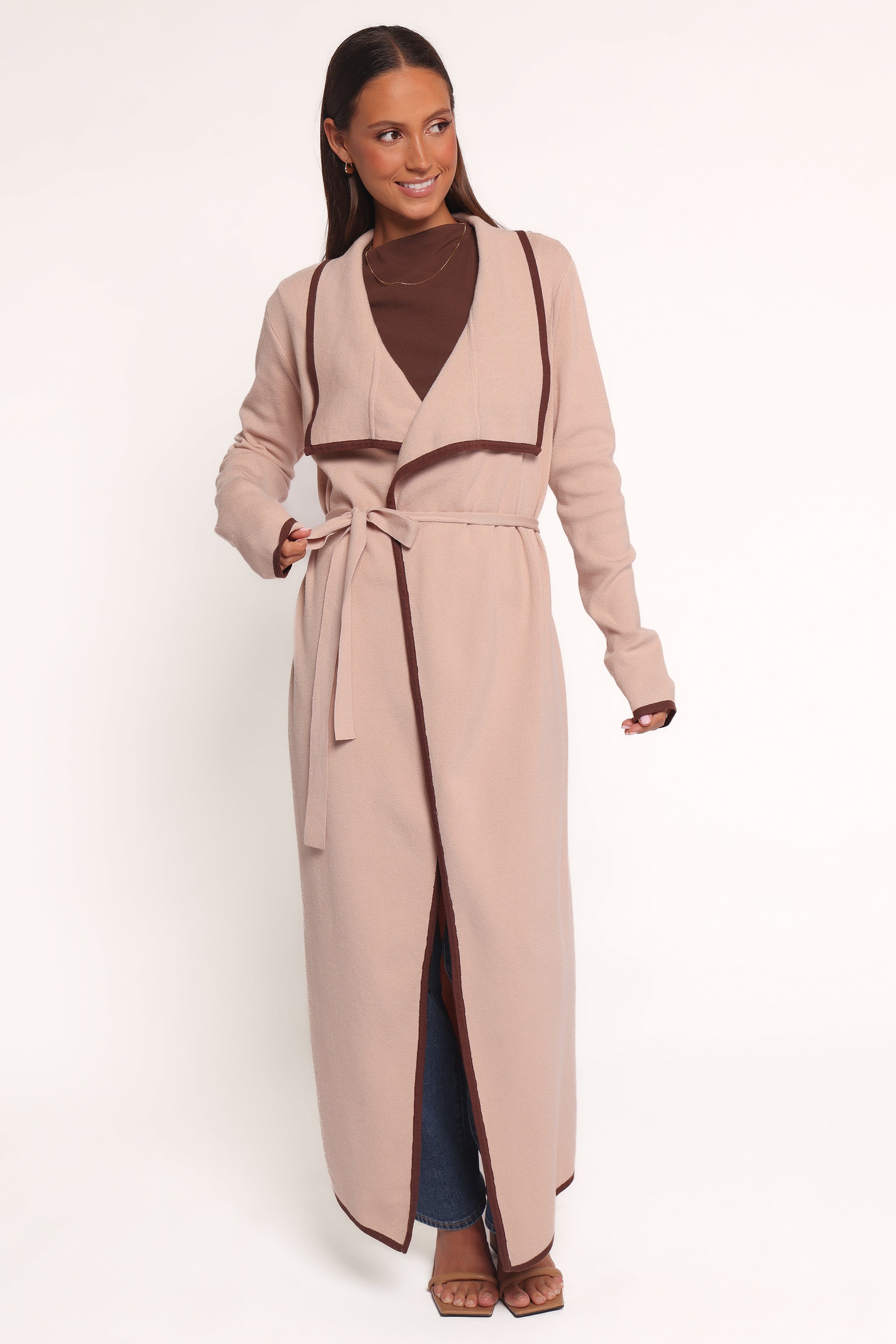 Vallis Contrast Trim Long Cardigan - Beige