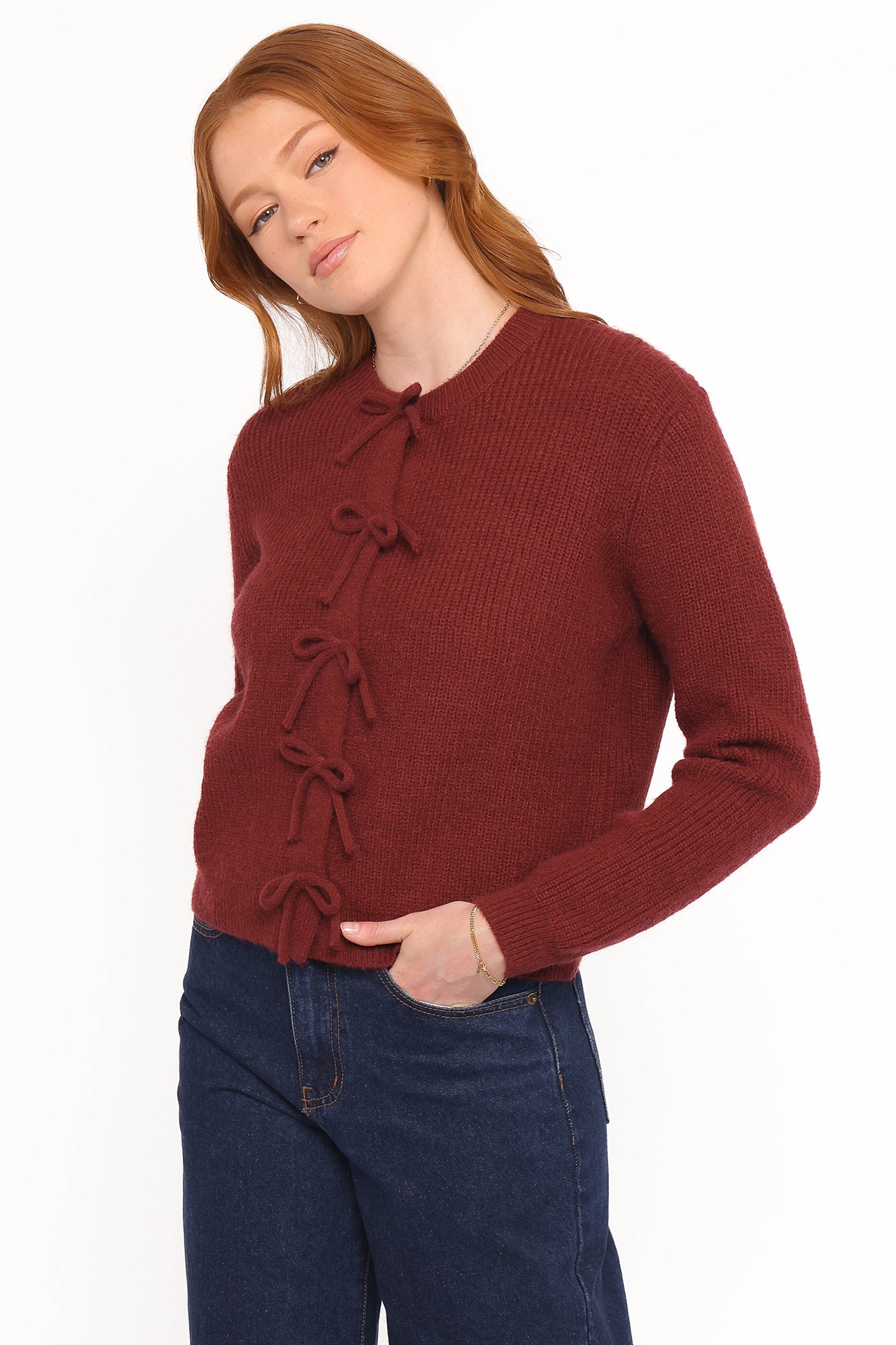 Wilde Bow Front Cardigan - Burgundy