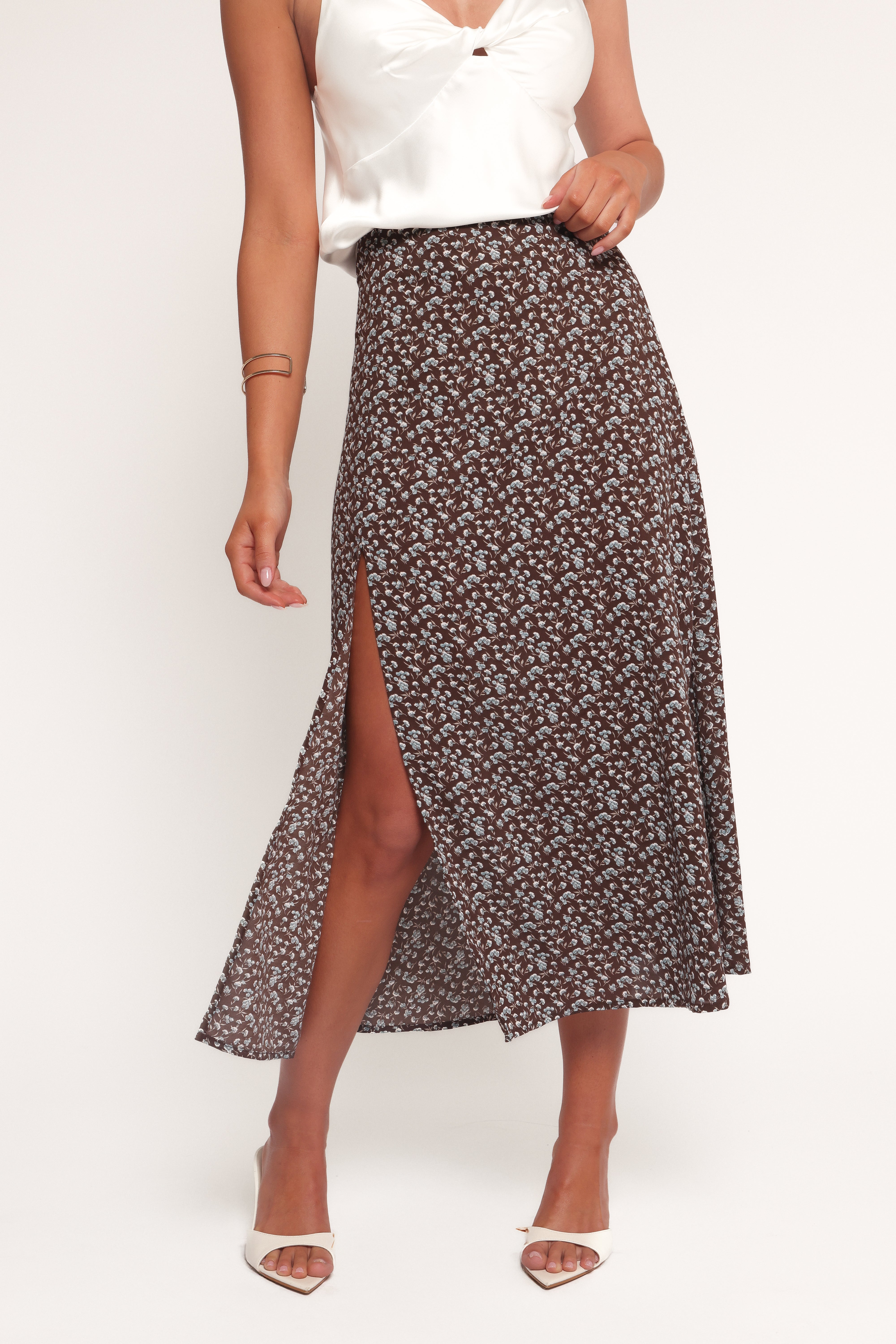 Willow Midi Skirt - Brown Blue Floral