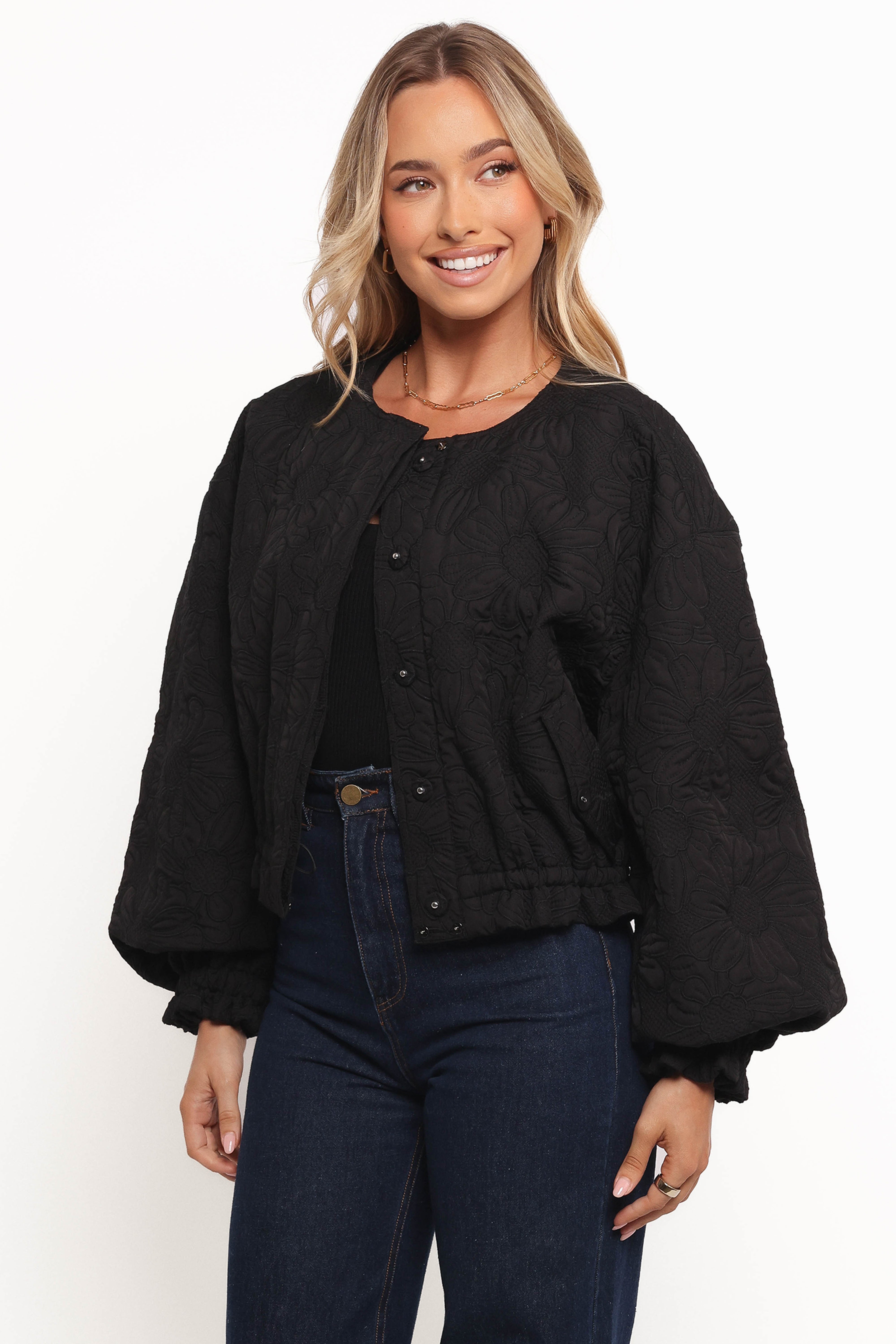Yuki Tonal Embroidered Flower Jacket - Black