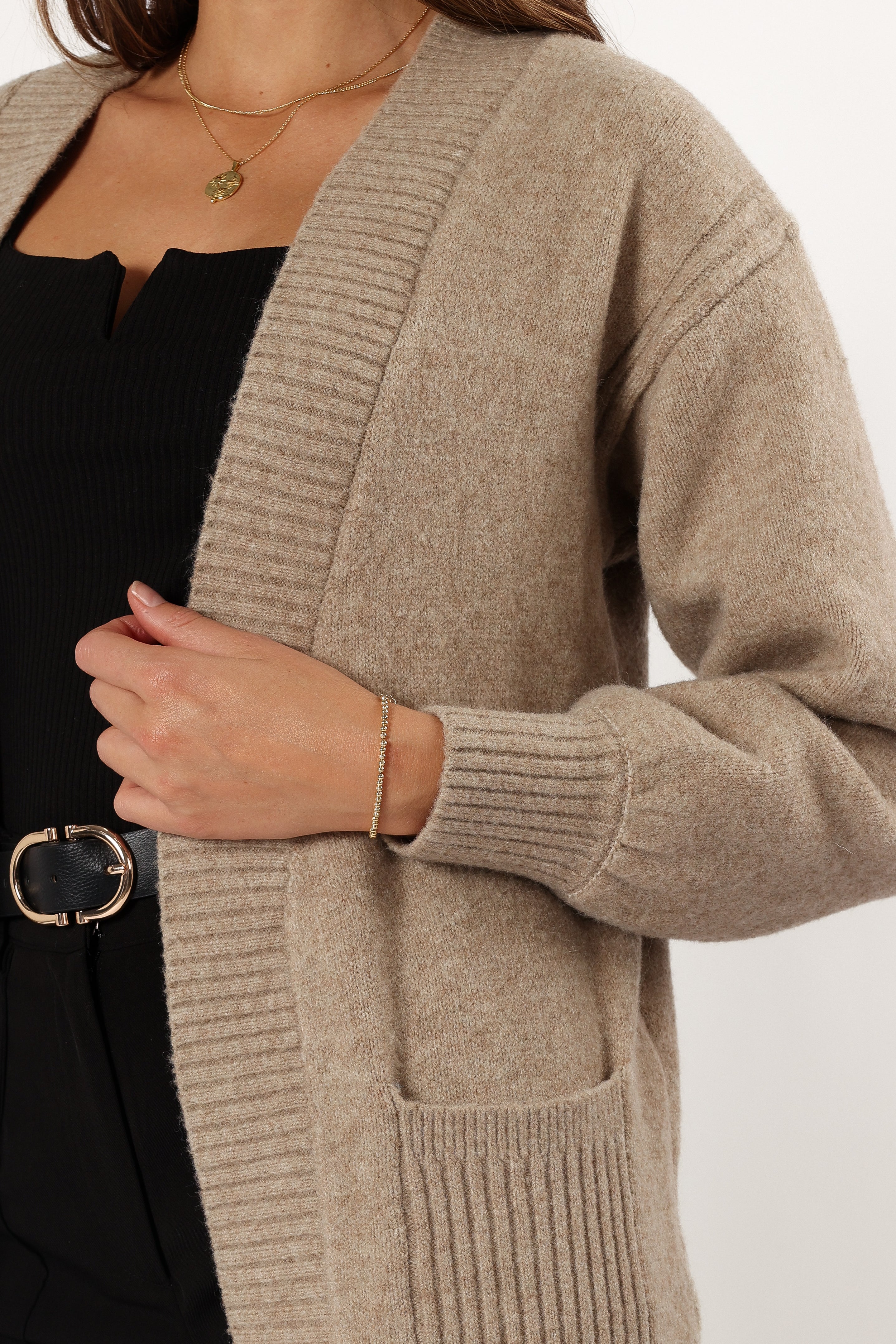 KNITWEAR @Nicolette Open Front Long Cardigan - Latte