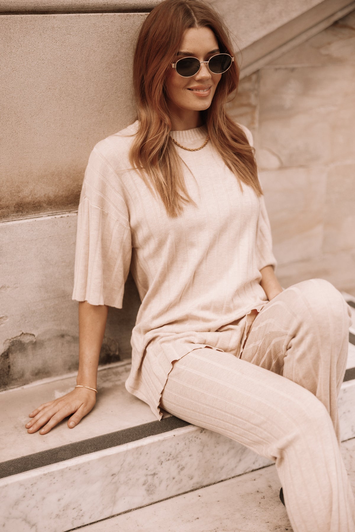 SETS @Silvie Short Sleeve Knitted Set - Beige (Hold for Winter Essentials)