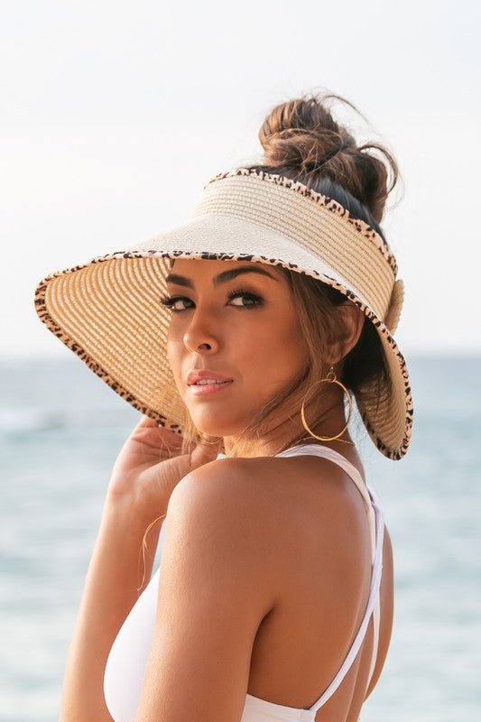 Petal and Pup USA ACCESSORIES Leopard Foldable Bow Visor - Straw OneSize