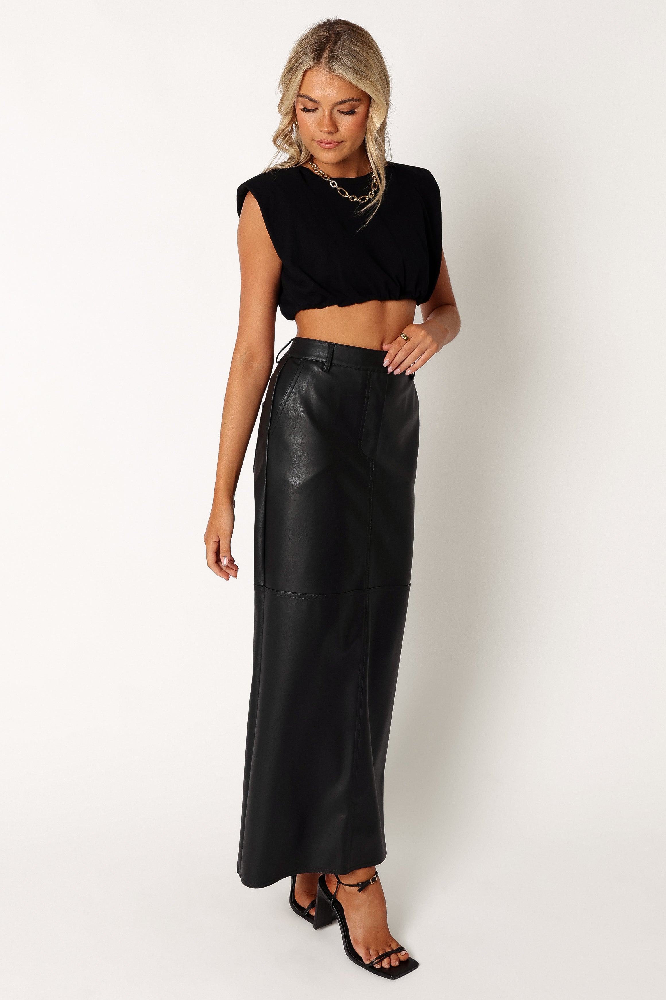 Petal and Pup USA BOTTOMS Jade Vegan Leather Column Skirt - Black