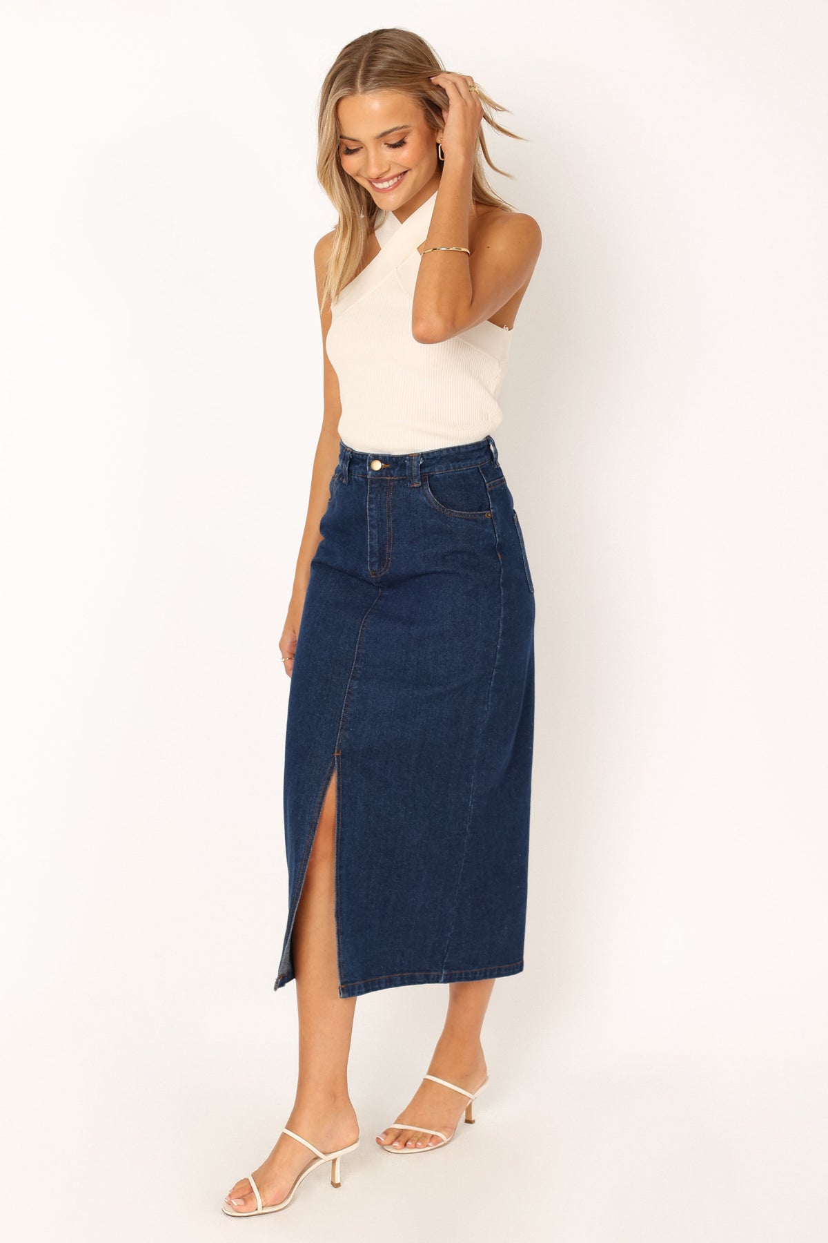 Petal and Pup USA BOTTOMS Rana Denim Midi Skirt - Dark Denim