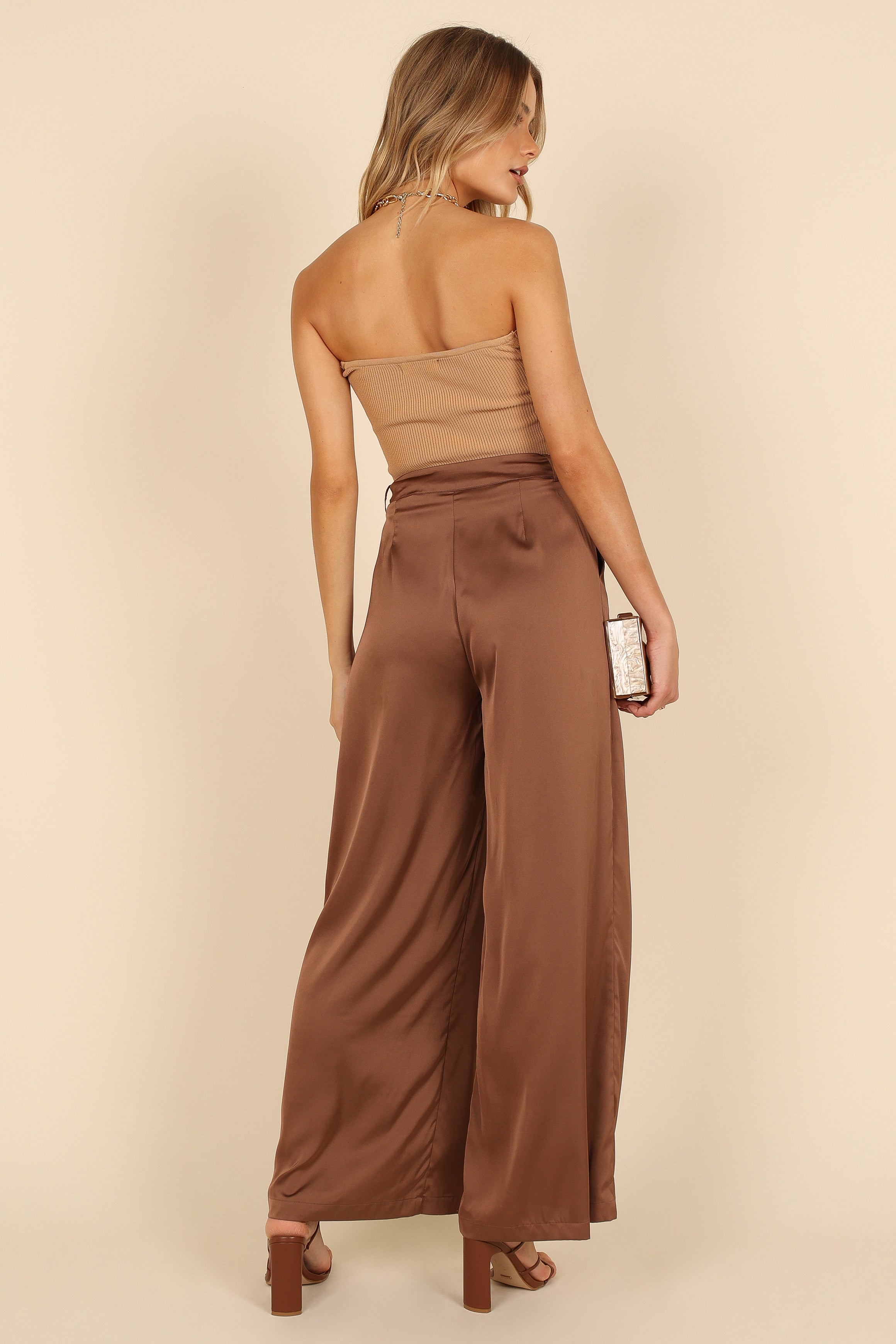 Petal and Pup USA BOTTOMS Wellington Wide Leg Satin Pant - Mocha