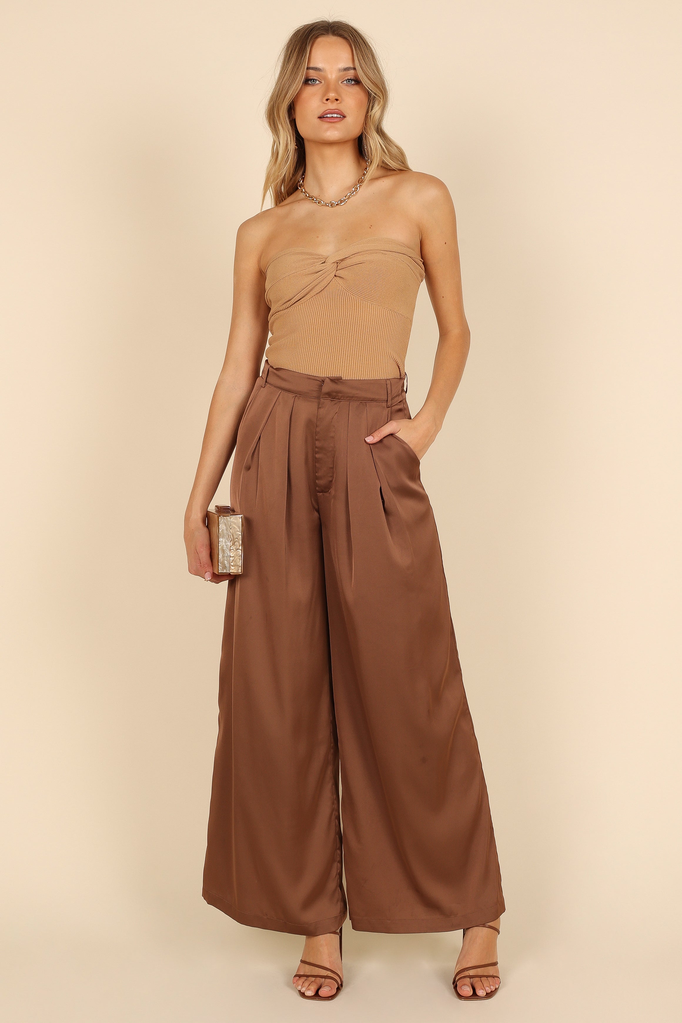 Petal and Pup USA BOTTOMS Wellington Wide Leg Satin Pant - Mocha