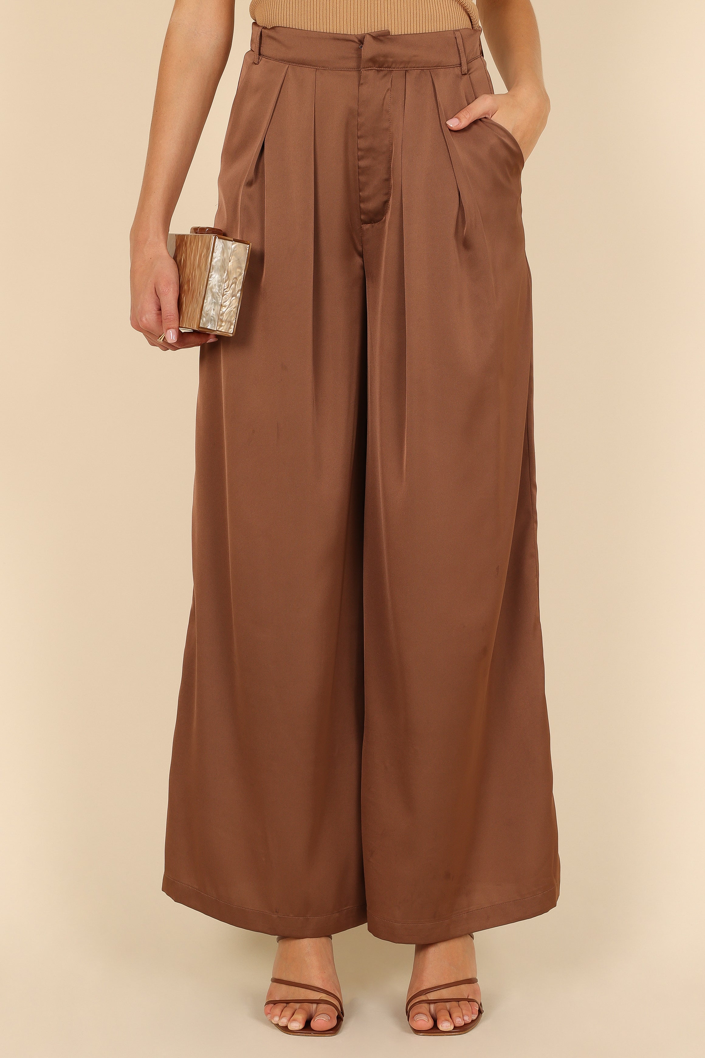 Petal and Pup USA BOTTOMS Wellington Wide Leg Satin Pant - Mocha
