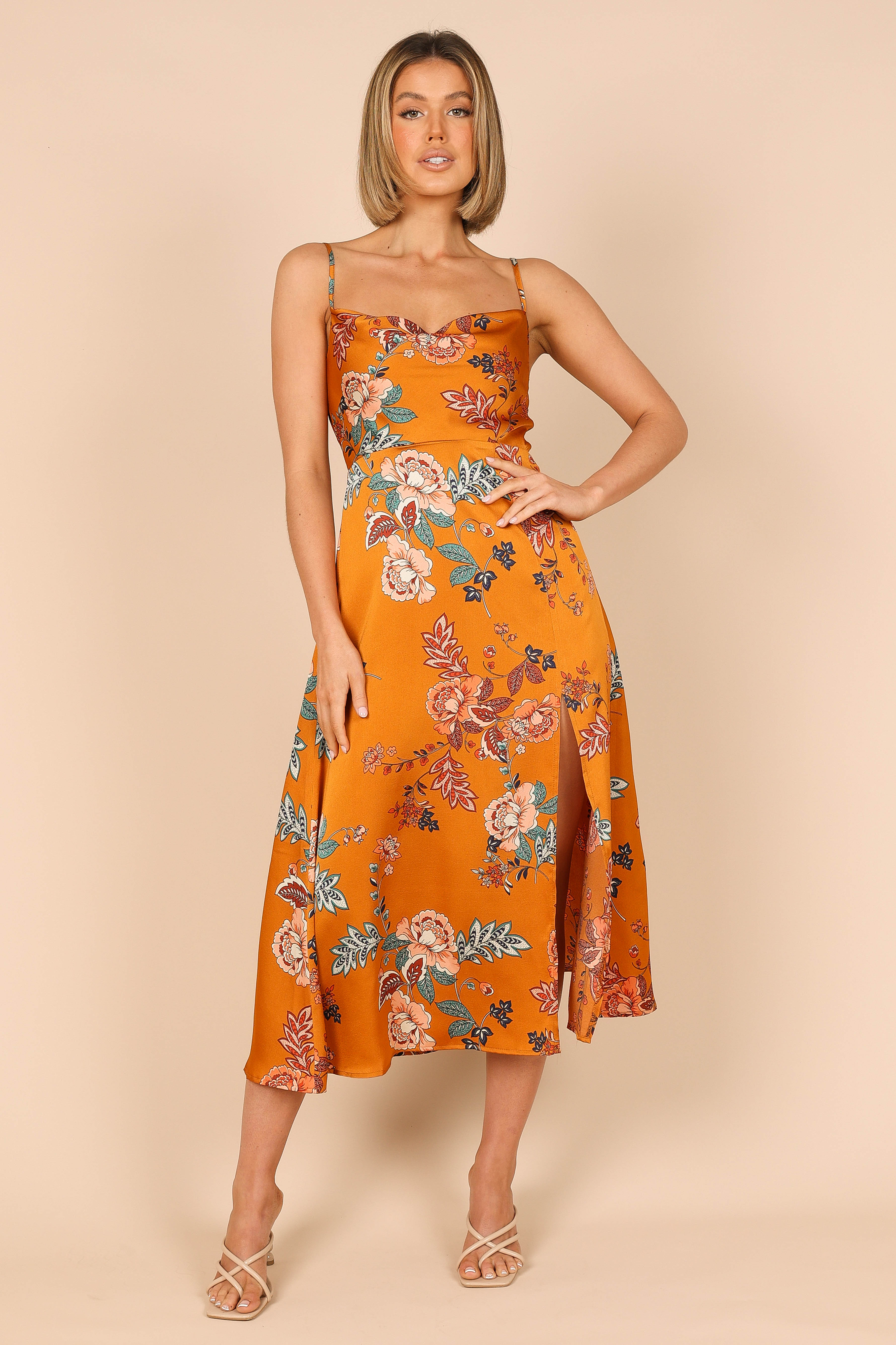 Petal and Pup USA DRESSES Alejandra Cowl Neck Midi Dress - Tan