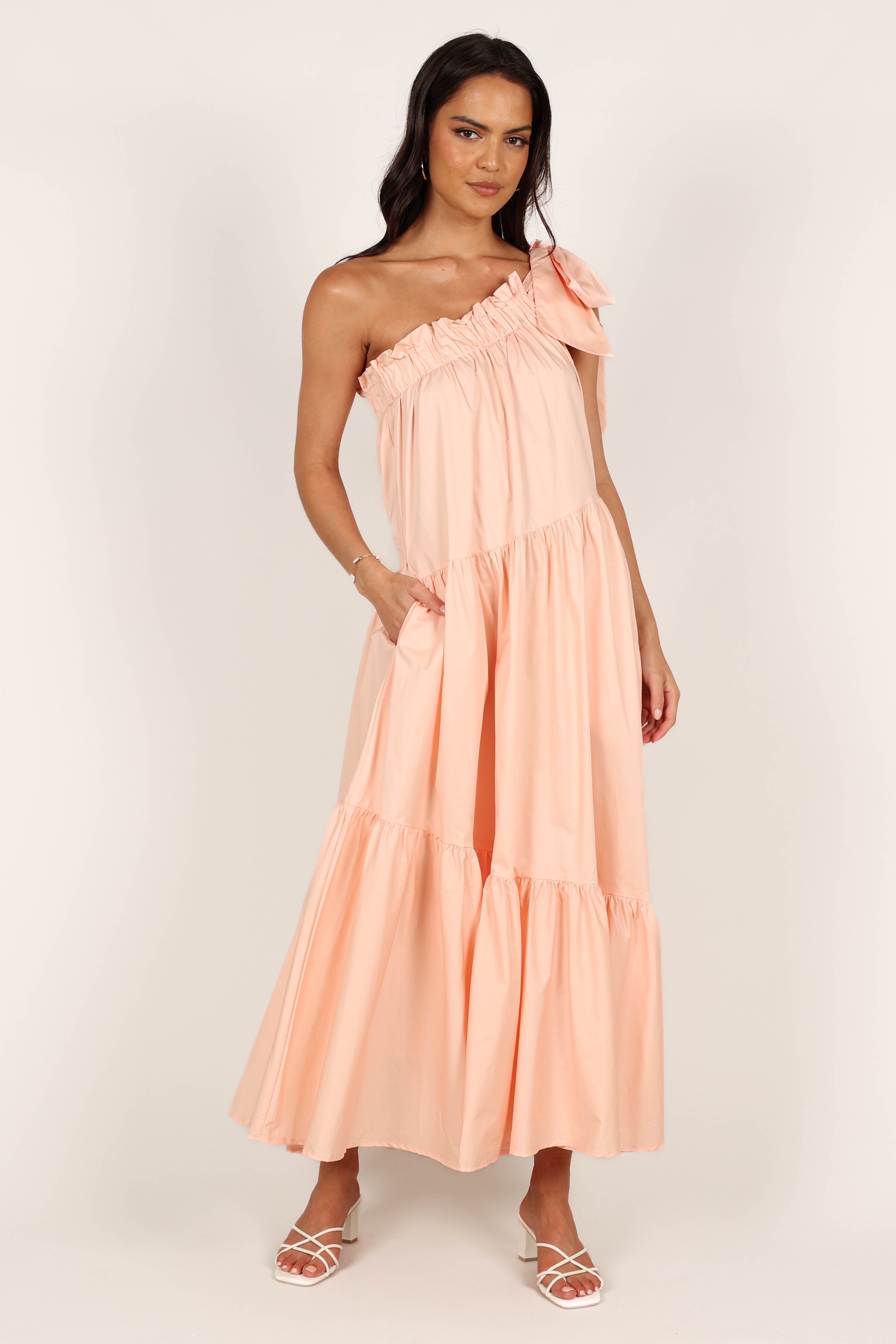 Petal and Pup USA DRESSES Ava One Shoulder Maxi Dress - Peach
