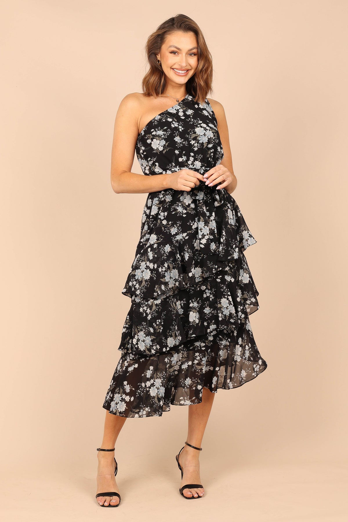 Petal and Pup USA DRESSES Brigette One Shoulder Tiered Maxi Dress - Black Floral
