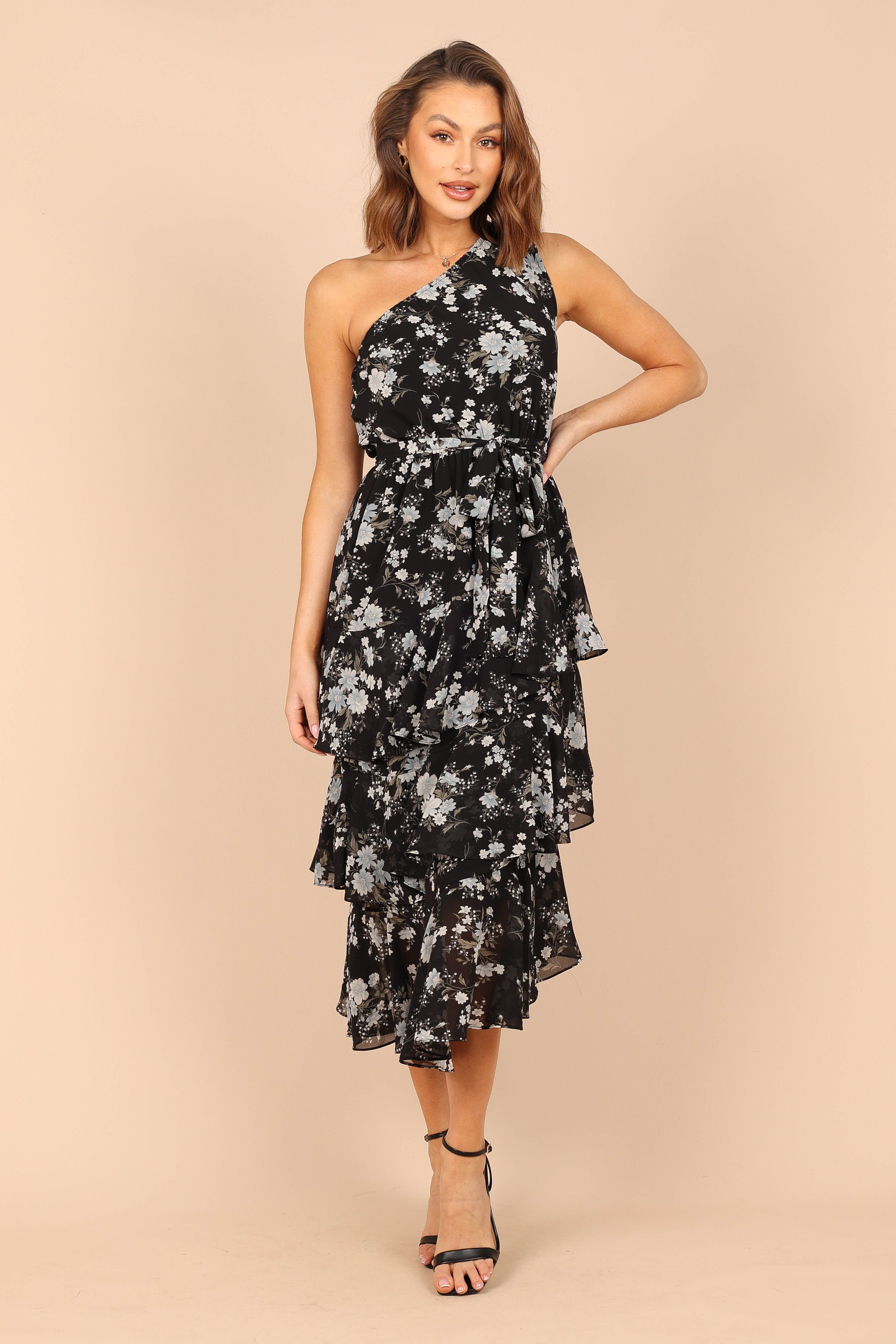 Petal and Pup USA DRESSES Brigette One Shoulder Tiered Maxi Dress - Black Floral