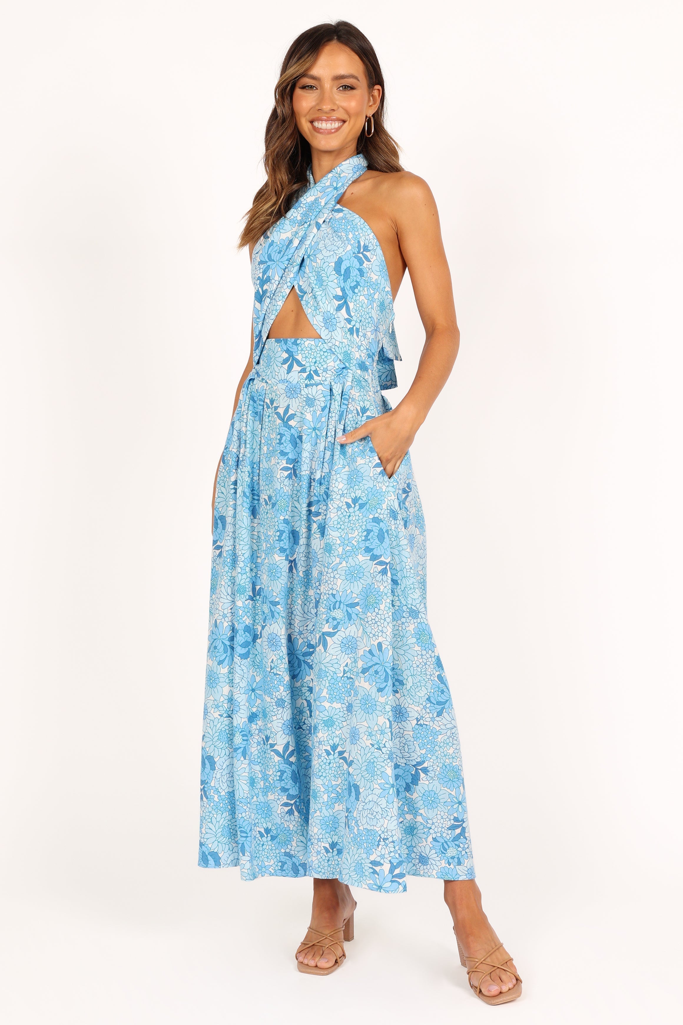 DRESSES @Clover Halterneck Midi Dress - Blue Floral