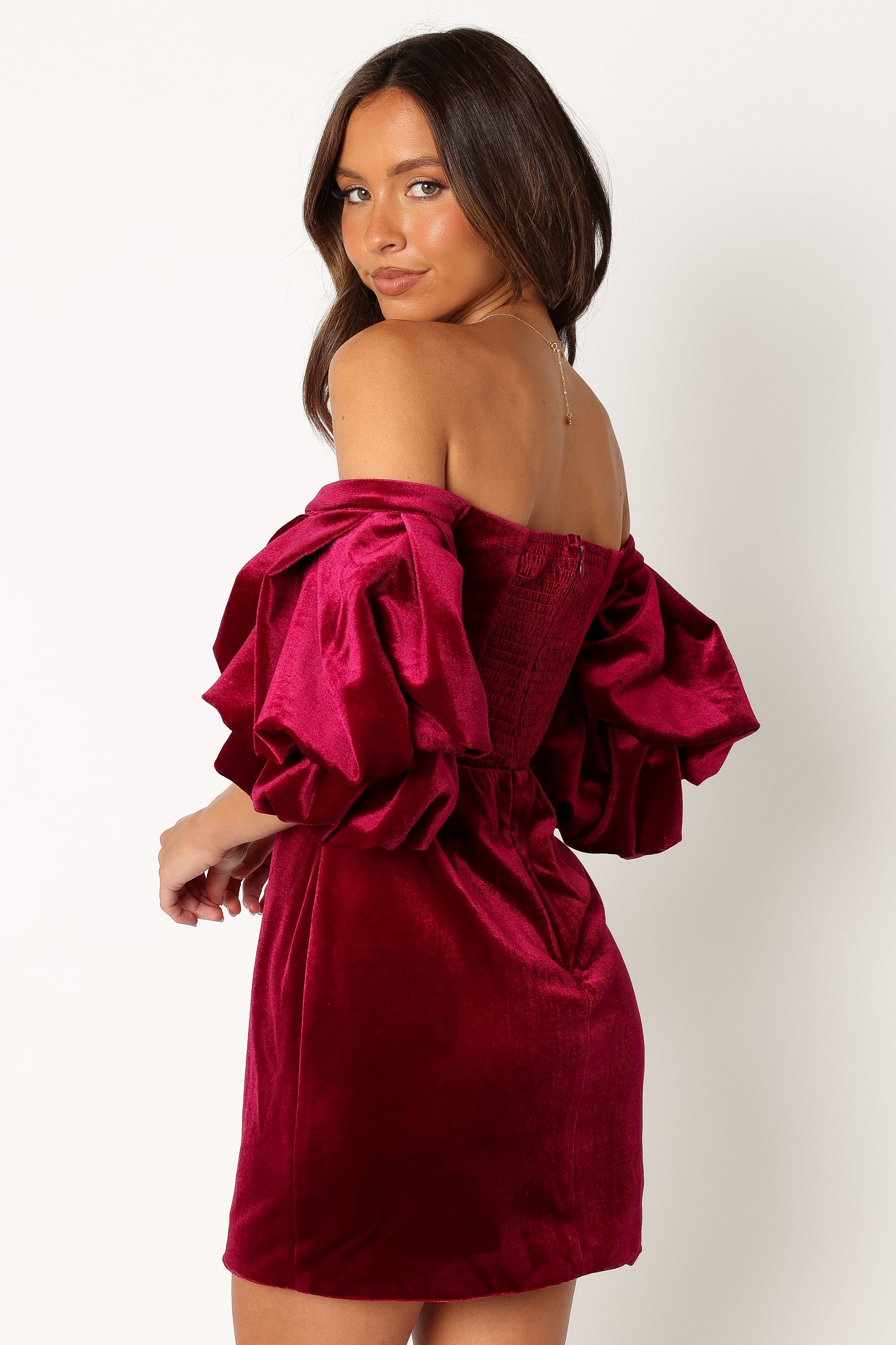Petal and Pup USA DRESSES Dali Off Shoulder Velvet Mini Dress - Ruby
