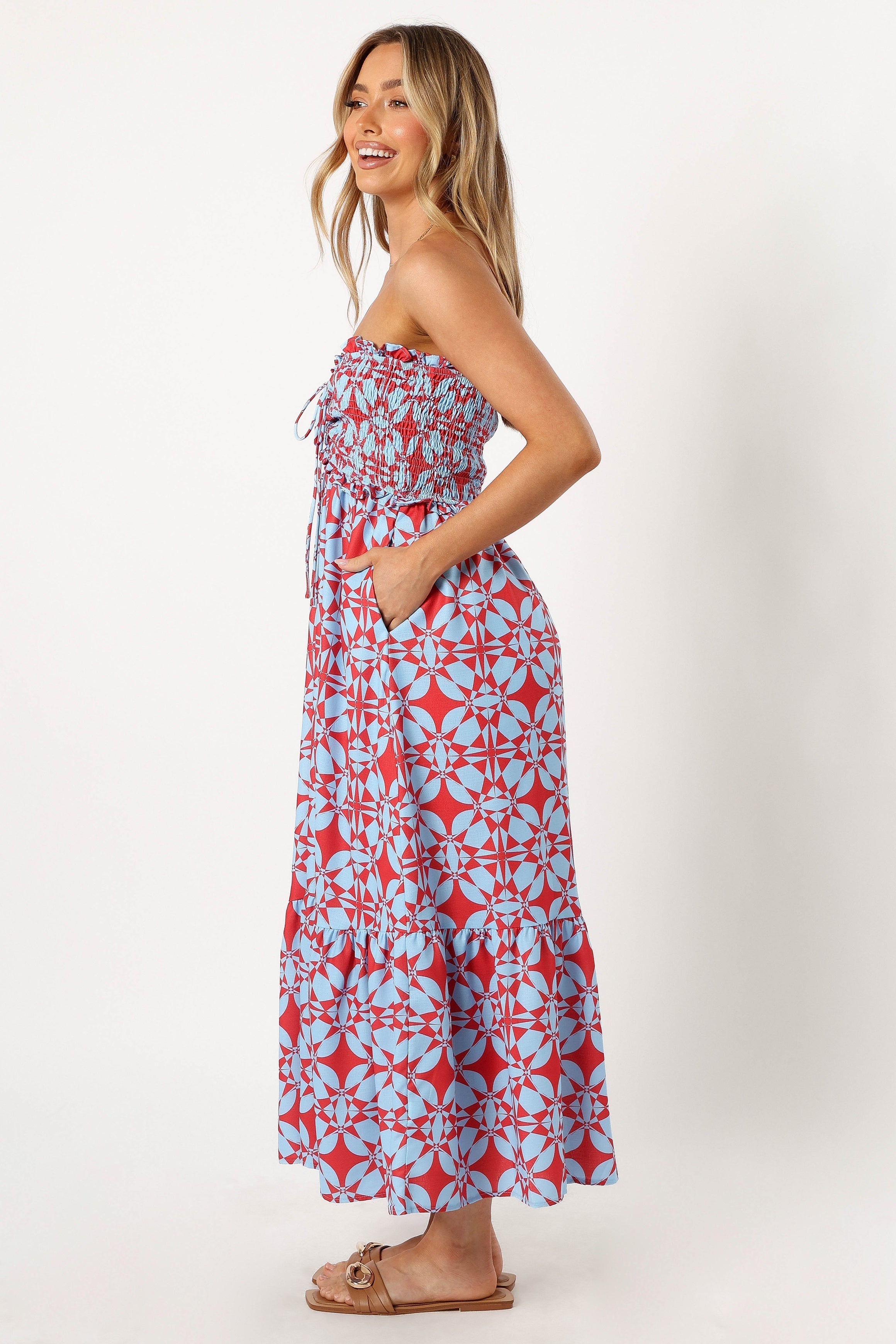 Petal and Pup USA DRESSES Dayton Strapless Midi Dress - Red Blue