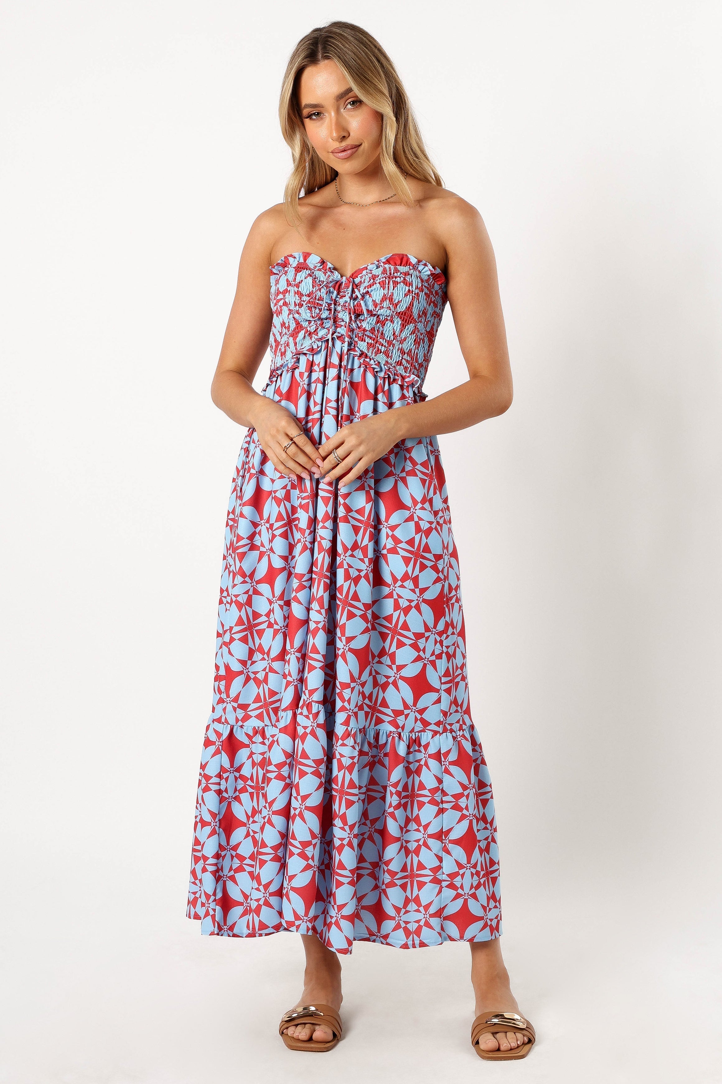 Petal and Pup USA DRESSES Dayton Strapless Midi Dress - Red Blue