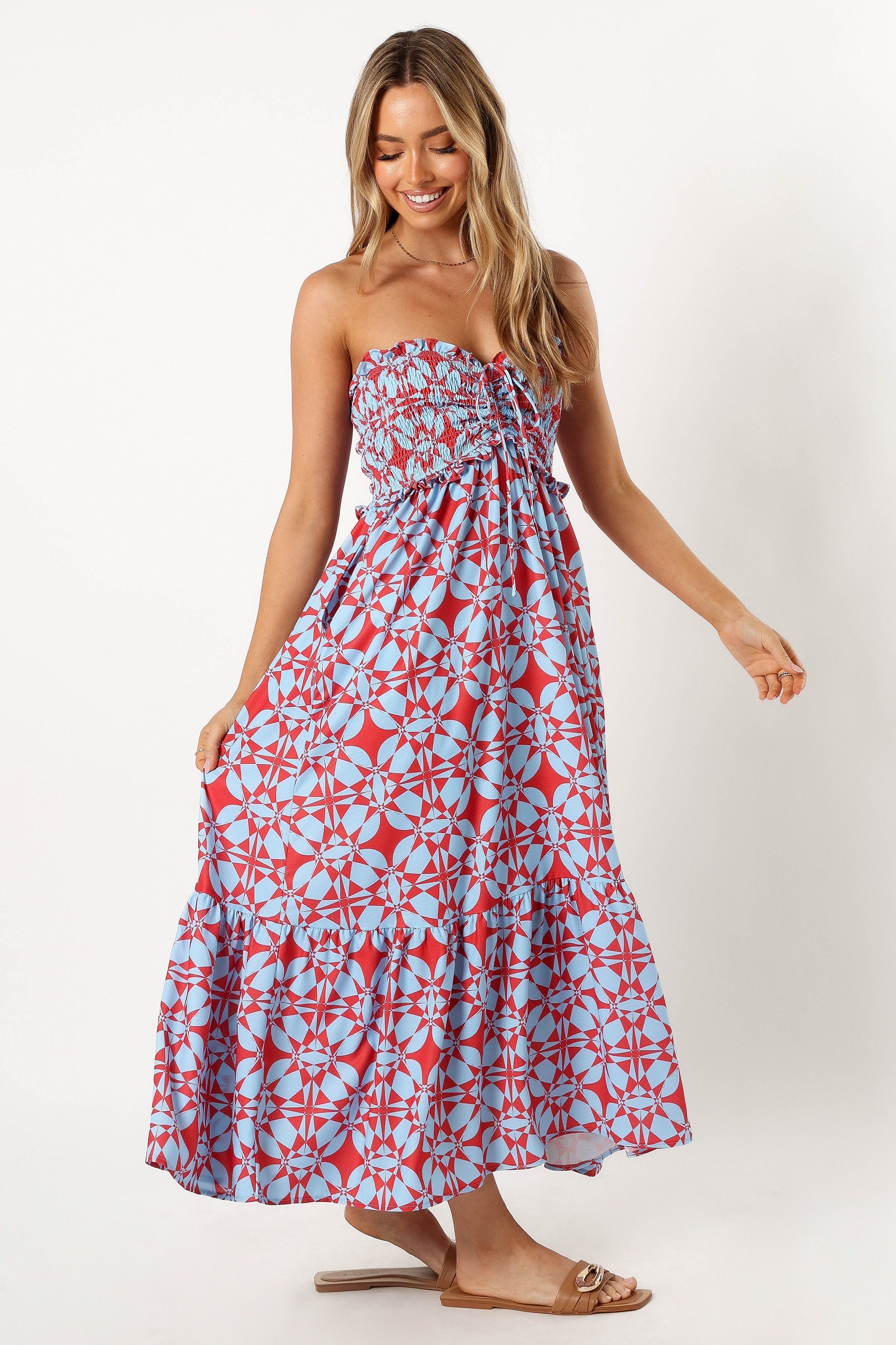 Petal and Pup USA DRESSES Dayton Strapless Midi Dress - Red Blue