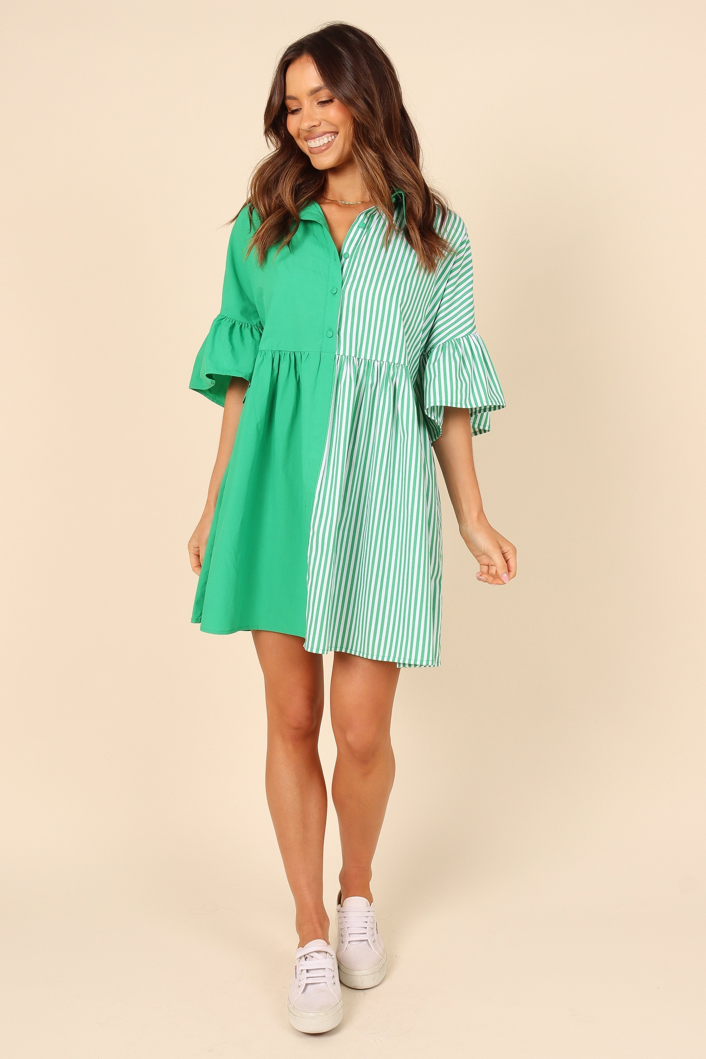 Petal and Pup USA DRESSES Didi Frill Mini Dress - Green Stripe