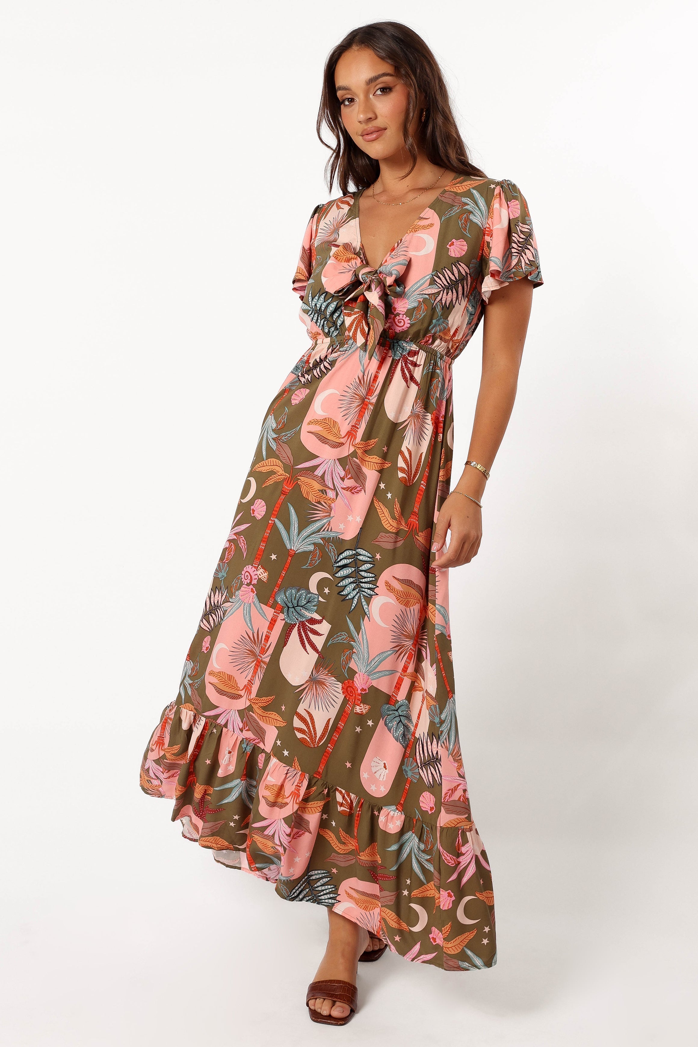 Petal and Pup USA DRESSES Everly Short Sleeve Maxi Dress - Olive Print