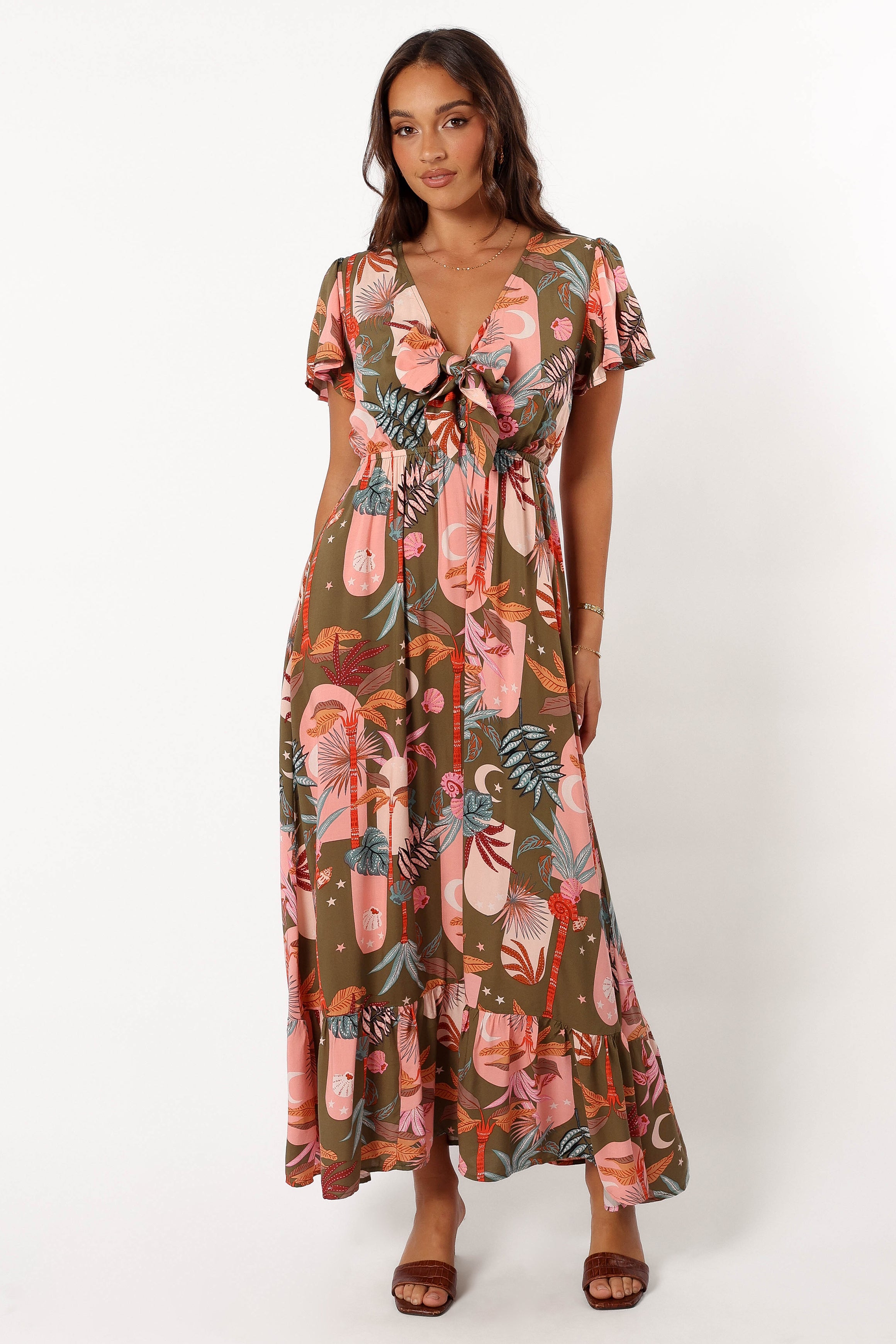 Petal and Pup USA DRESSES Everly Short Sleeve Maxi Dress - Olive Print