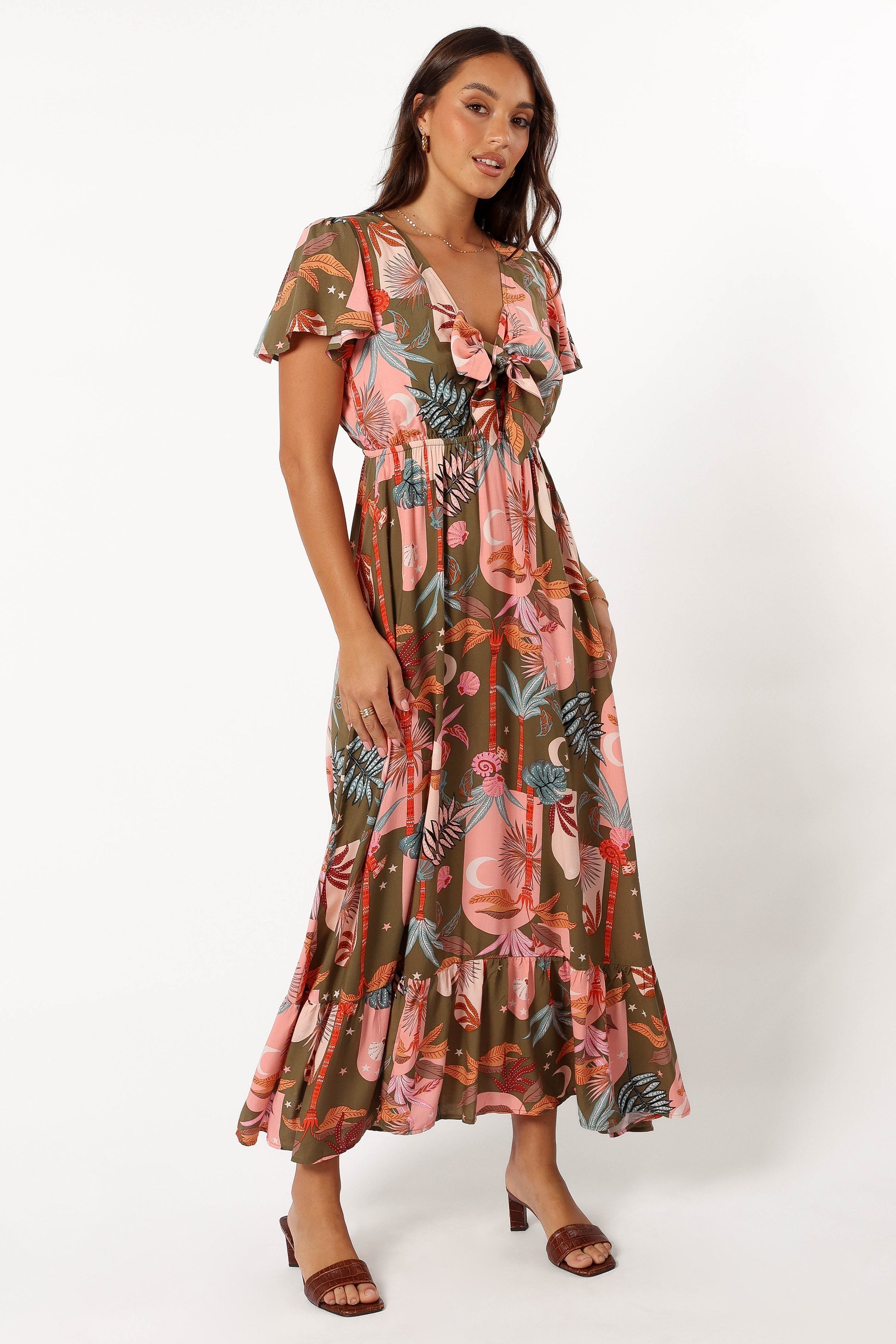 Petal and Pup USA DRESSES Everly Short Sleeve Maxi Dress - Olive Print