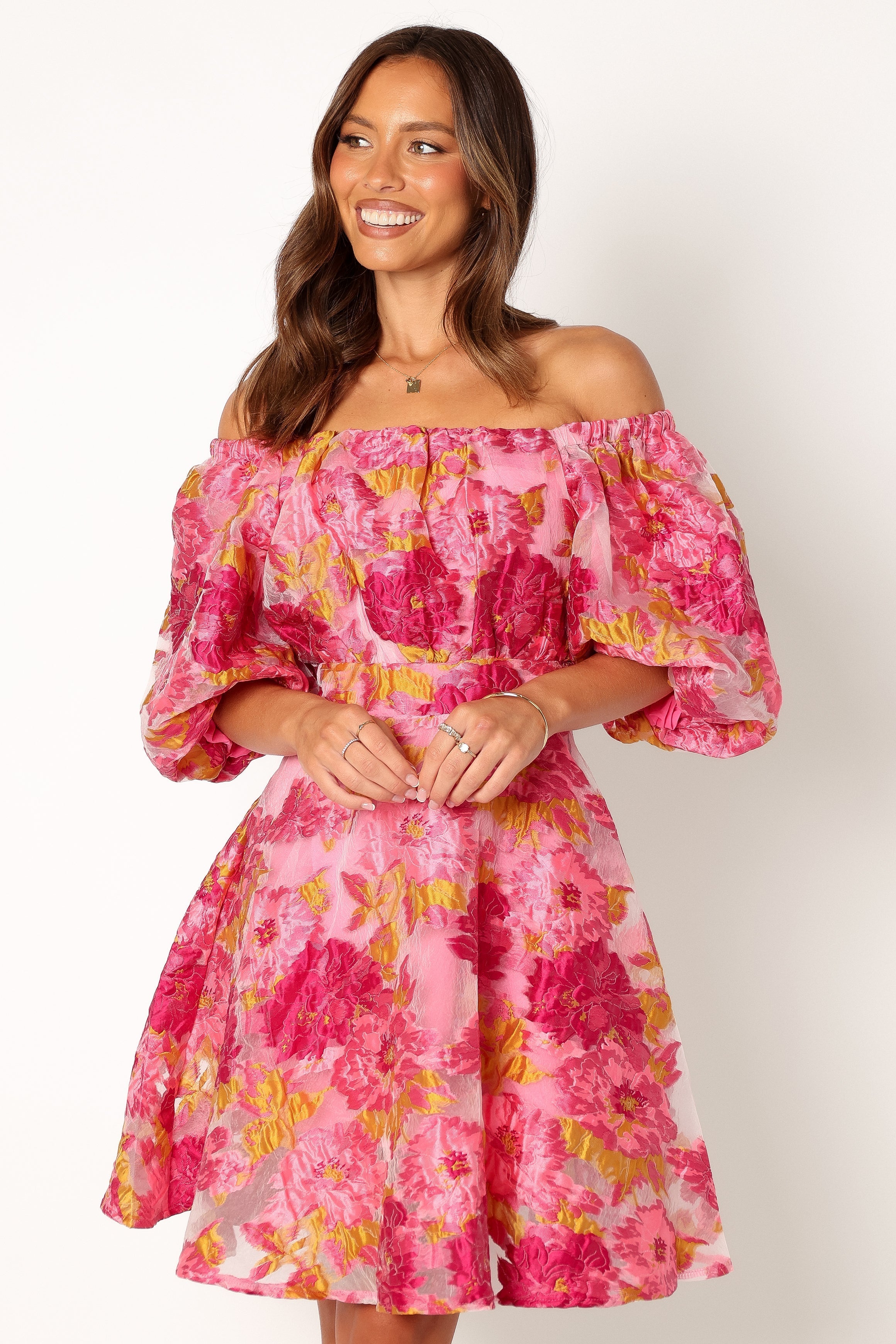 Petal and Pup USA DRESSES Faye Off Shoulder Mini Dress - Pink Floral