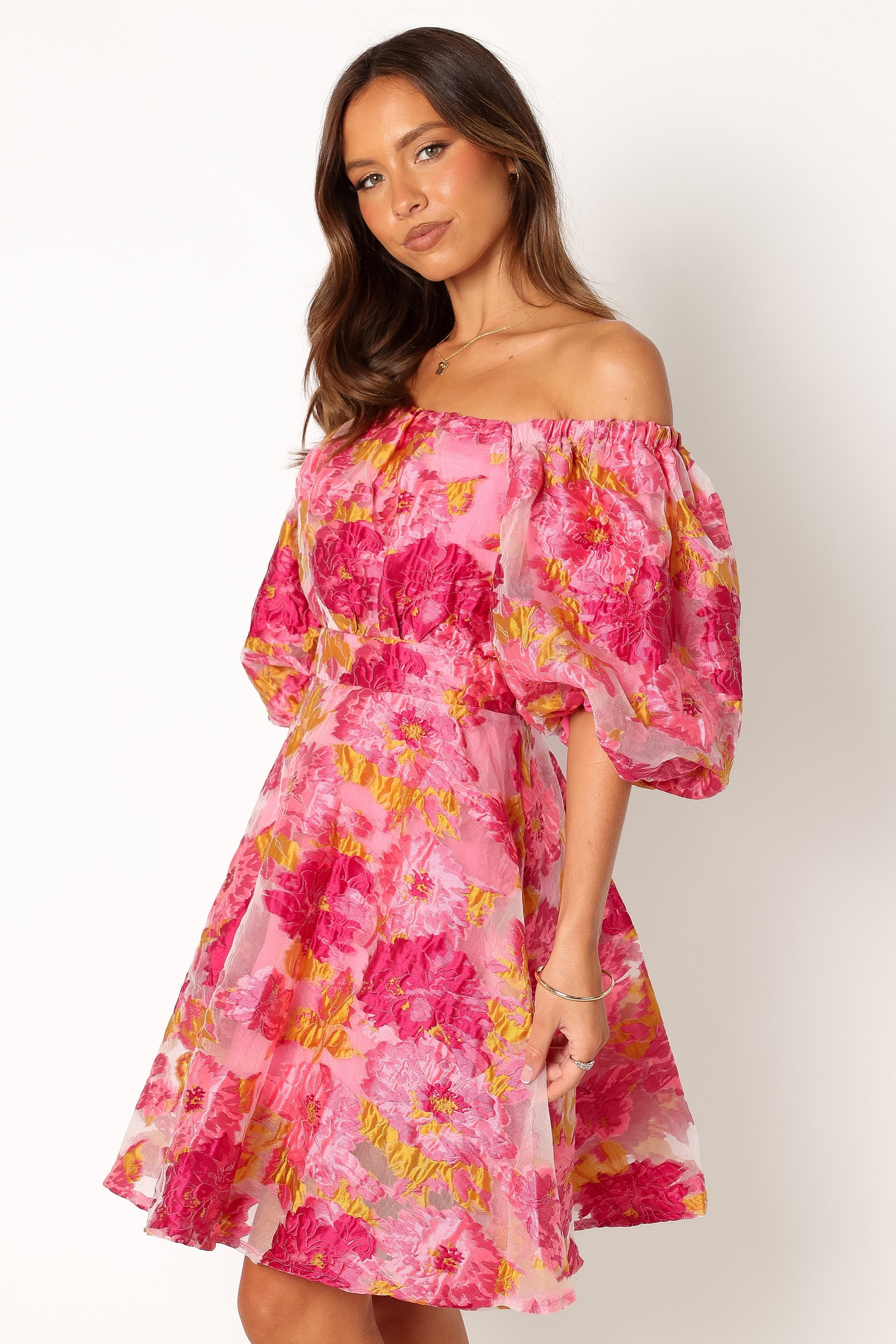Petal and Pup USA DRESSES Faye Off Shoulder Mini Dress - Pink Floral