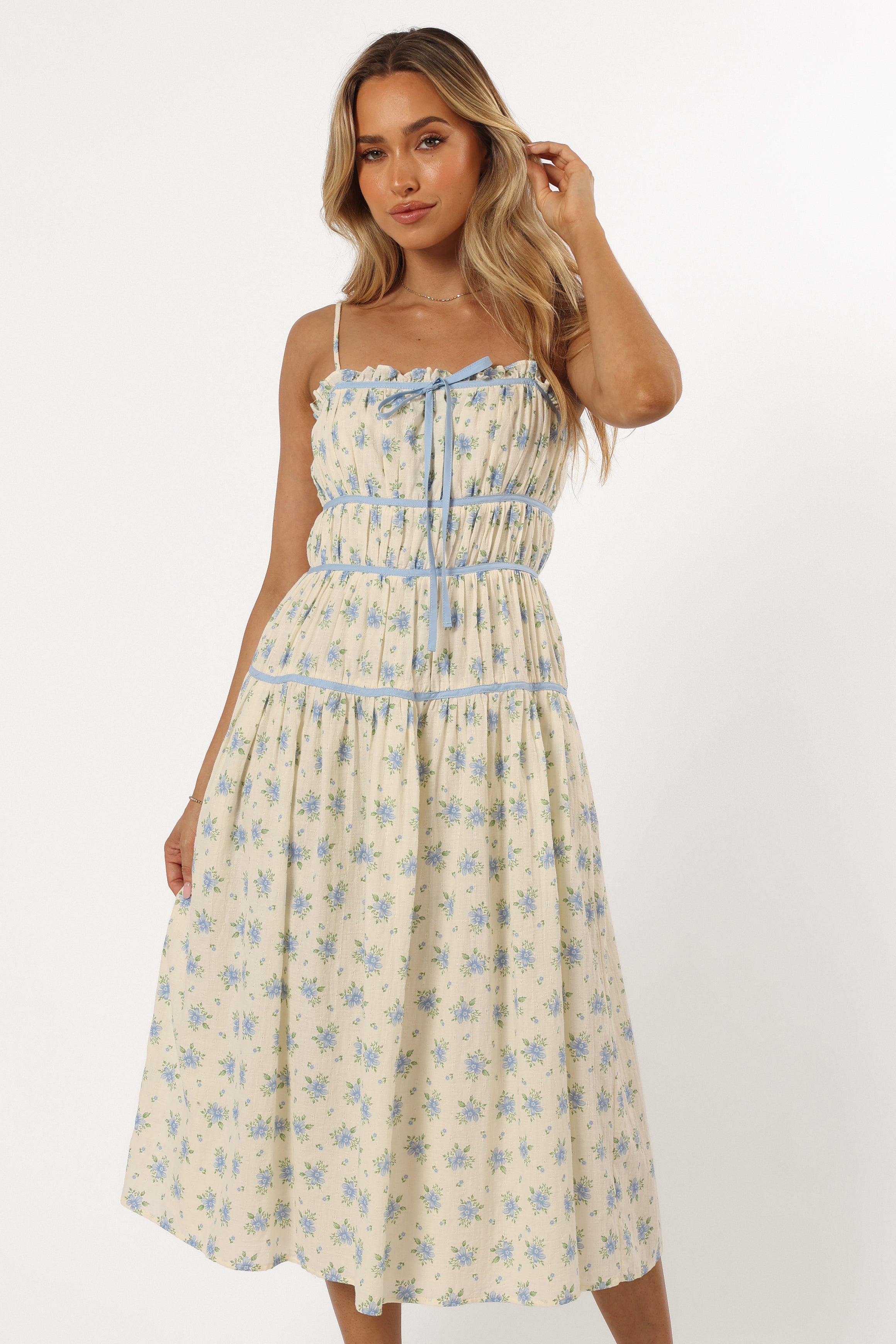 Petal and Pup USA DRESSES Felicity Midi Dress - Ivory Blue