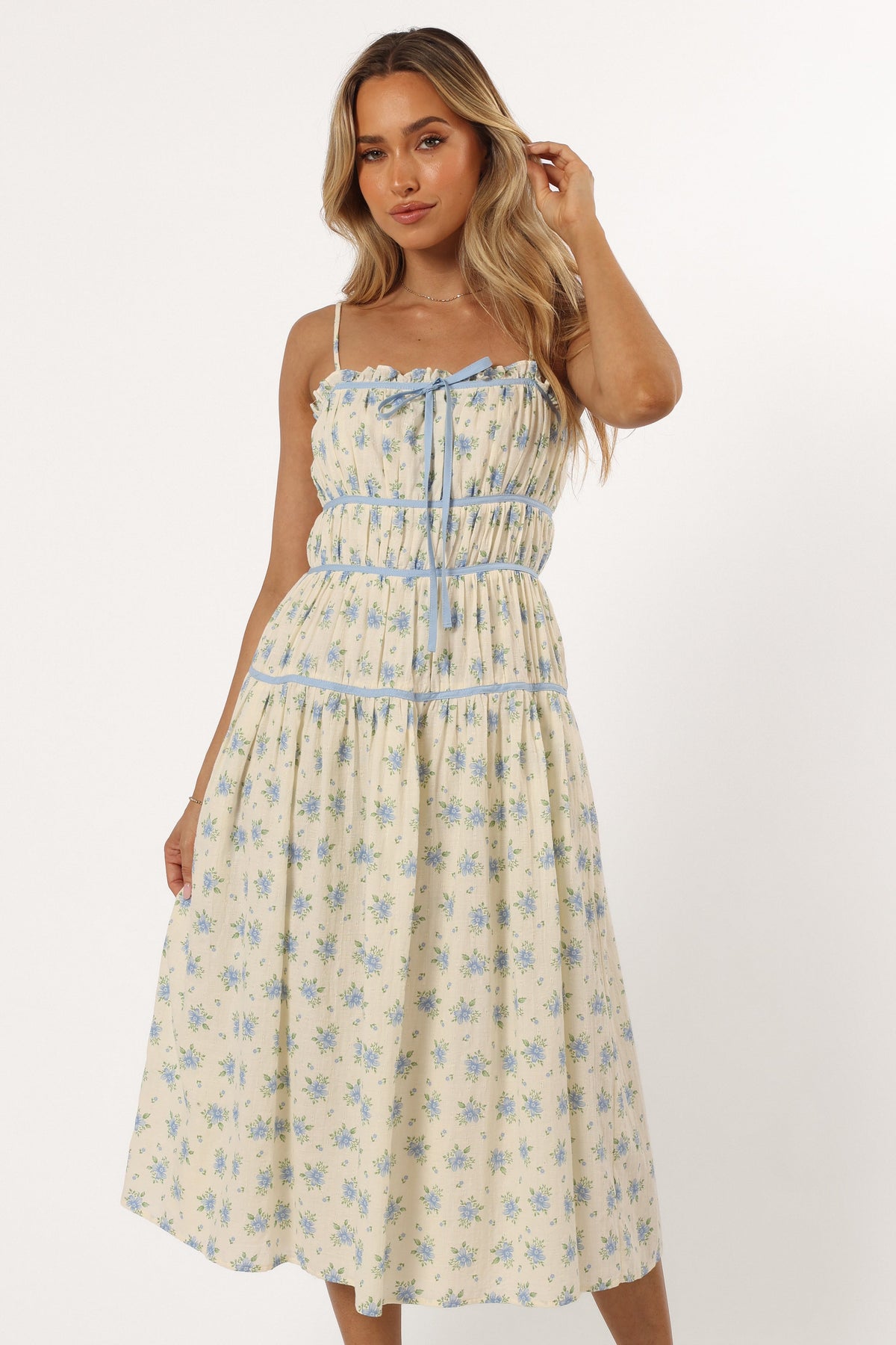Petal and Pup USA DRESSES Felicity Midi Dress - Ivory Blue