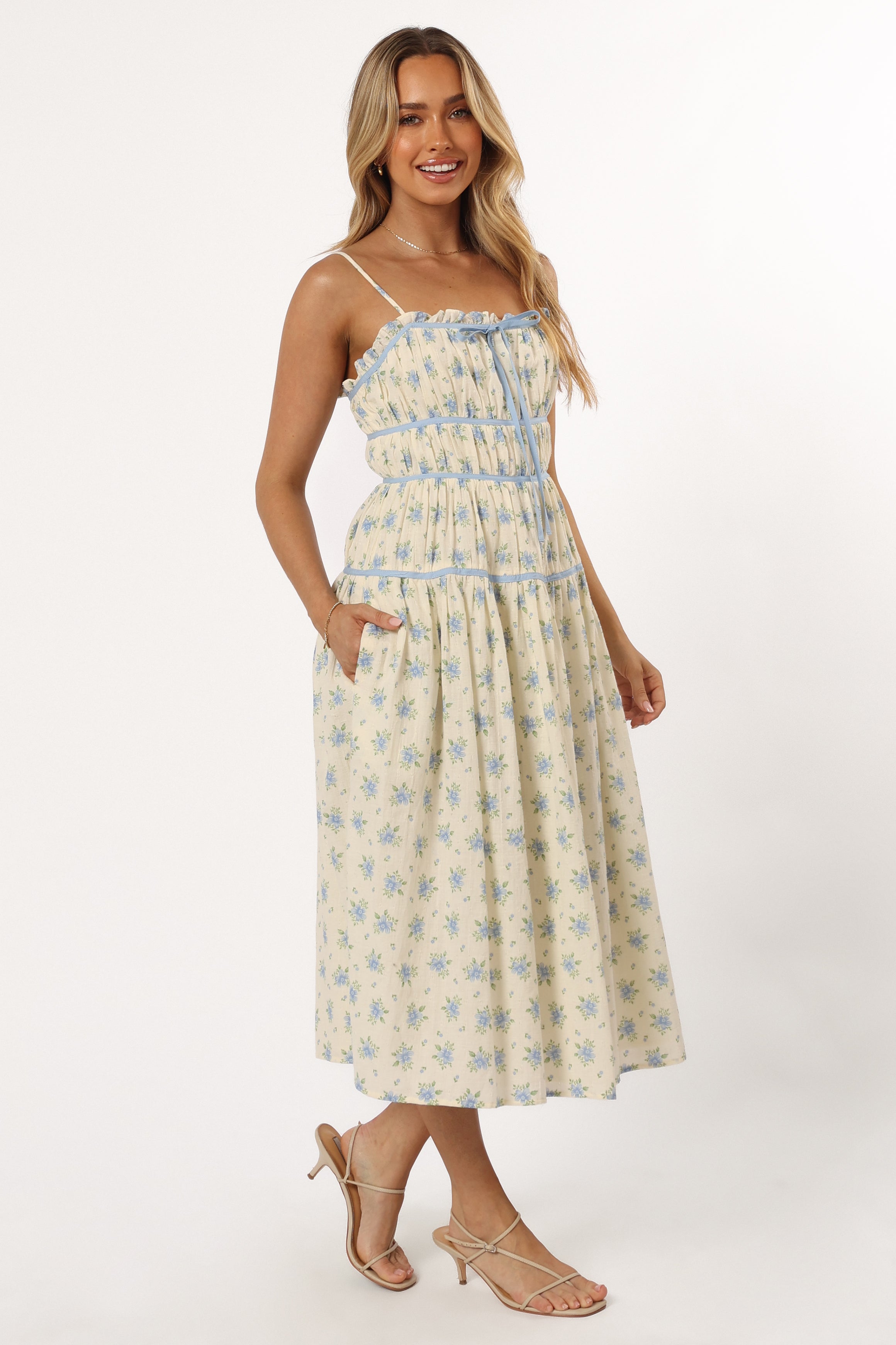 Petal and Pup USA DRESSES Felicity Midi Dress - Ivory Blue