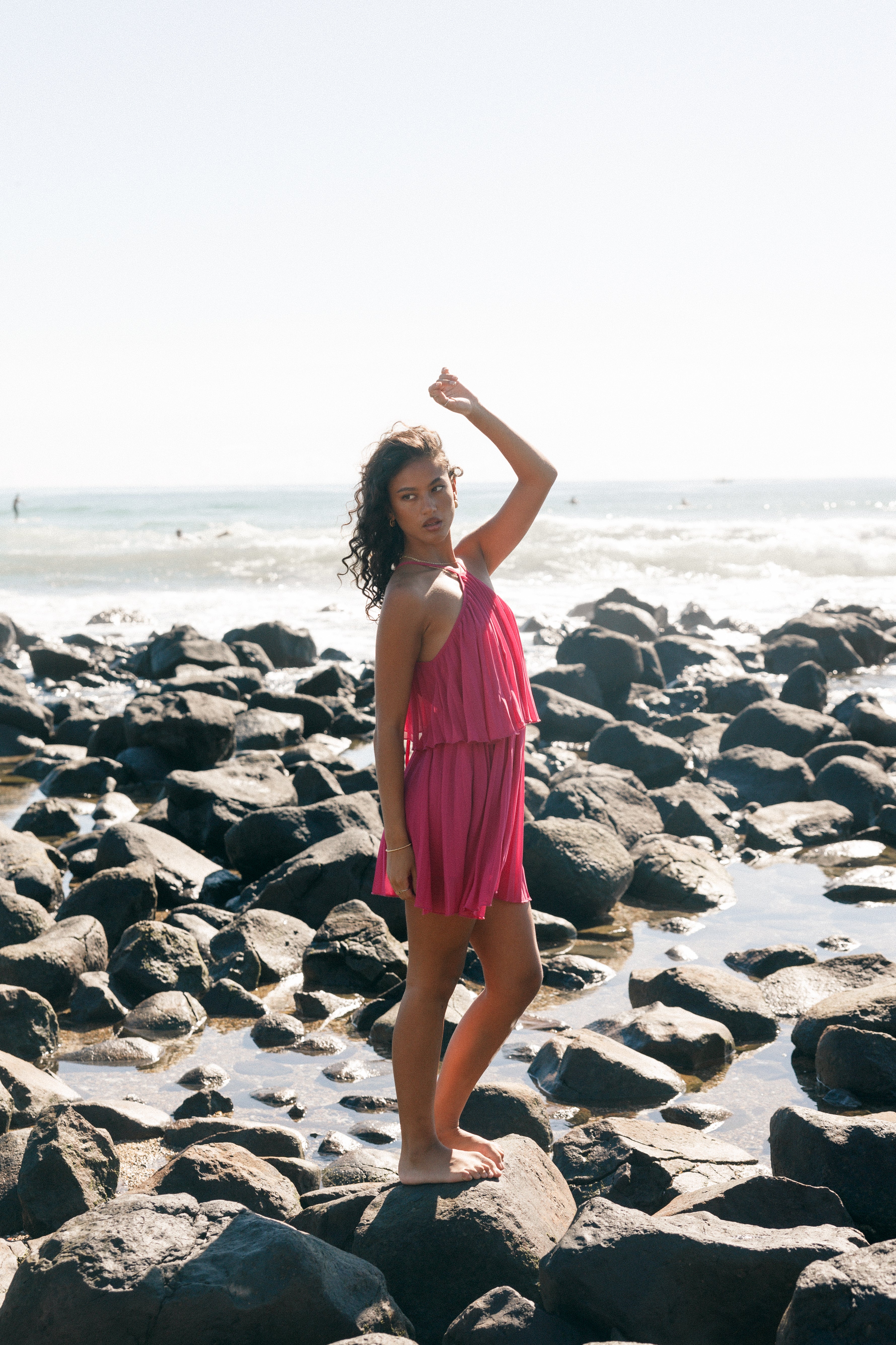 Petal and Pup USA DRESSES Gia Pleated Halterneck Mini Dress - Hot Pink